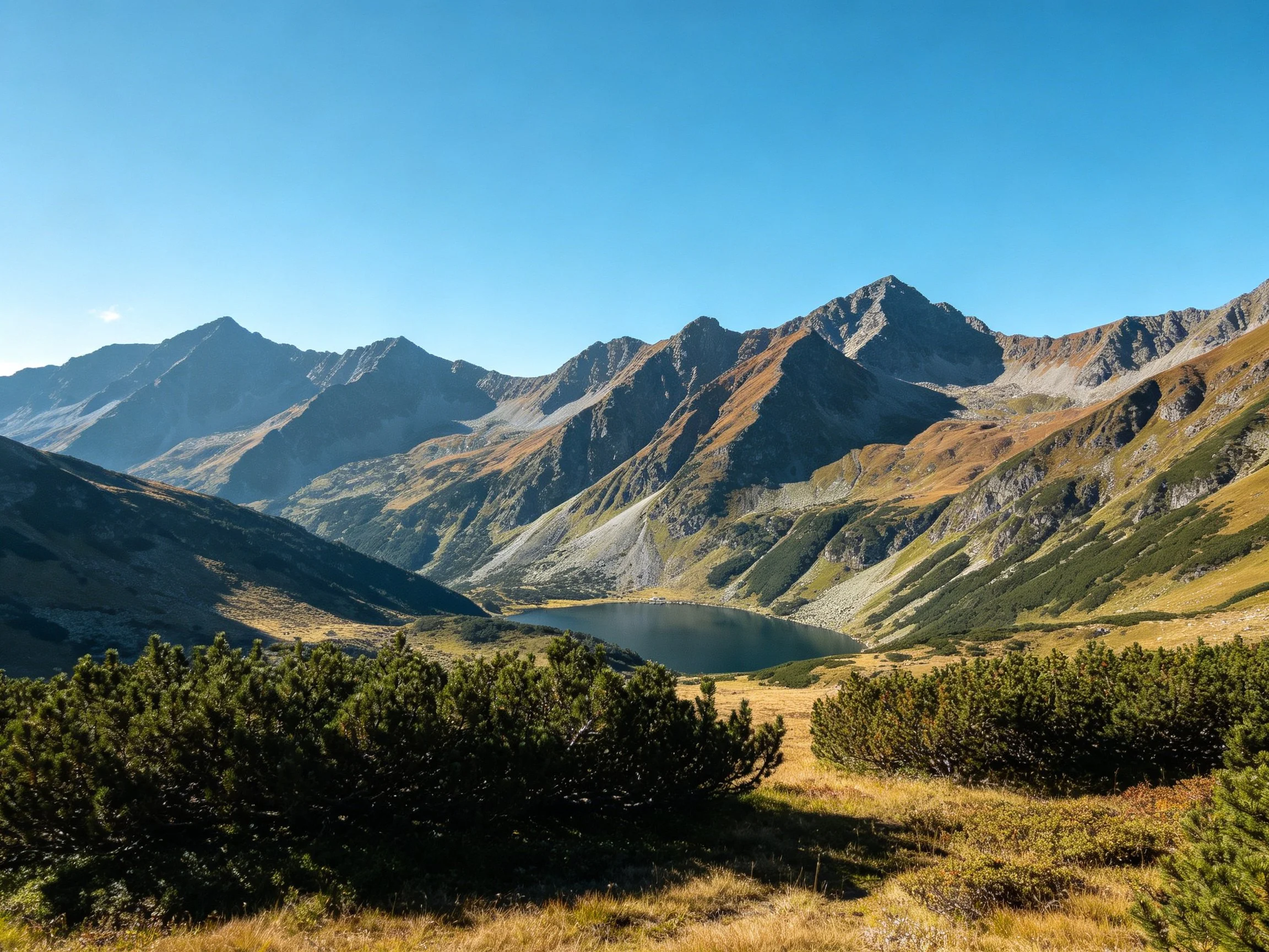 Mountain valley with rugged peaks and serene alpine lake