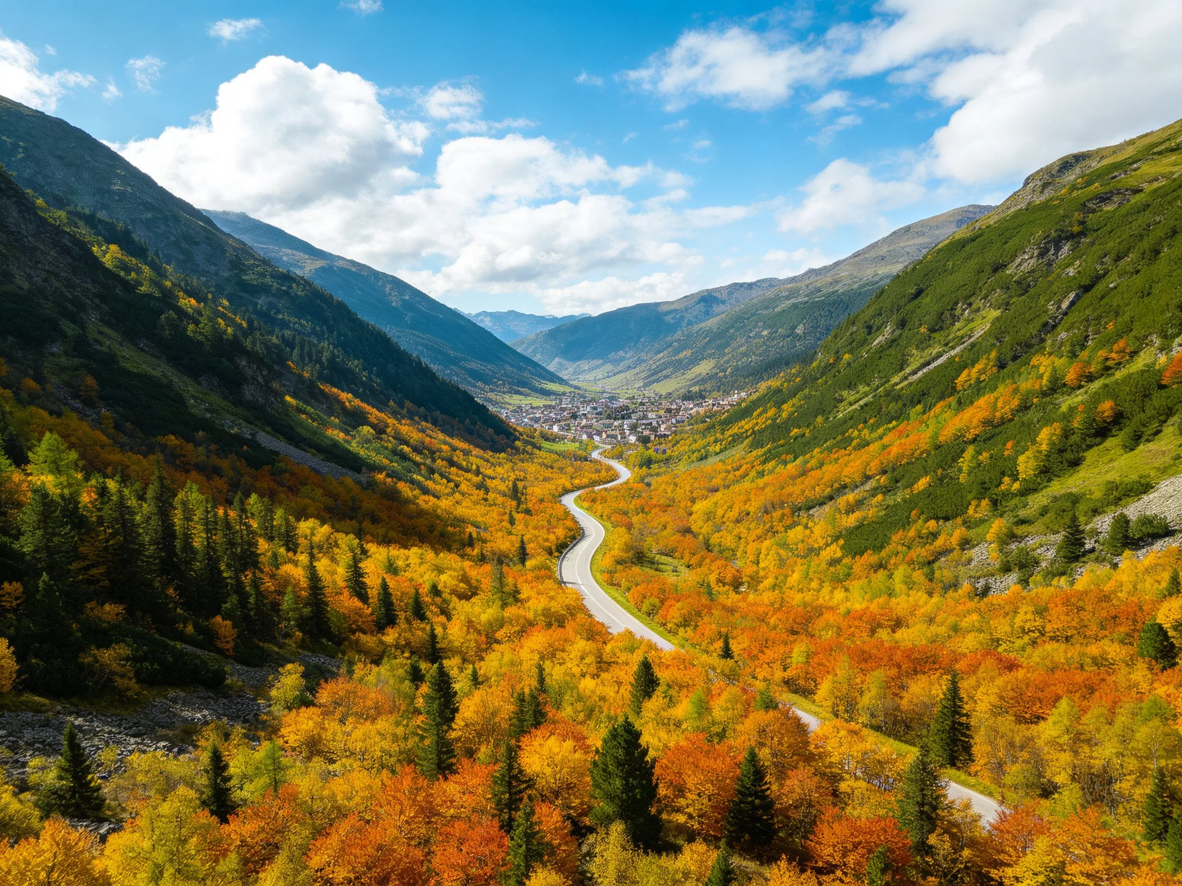 Mountain valley with vibrant autumn foliage, winding road, and distant town