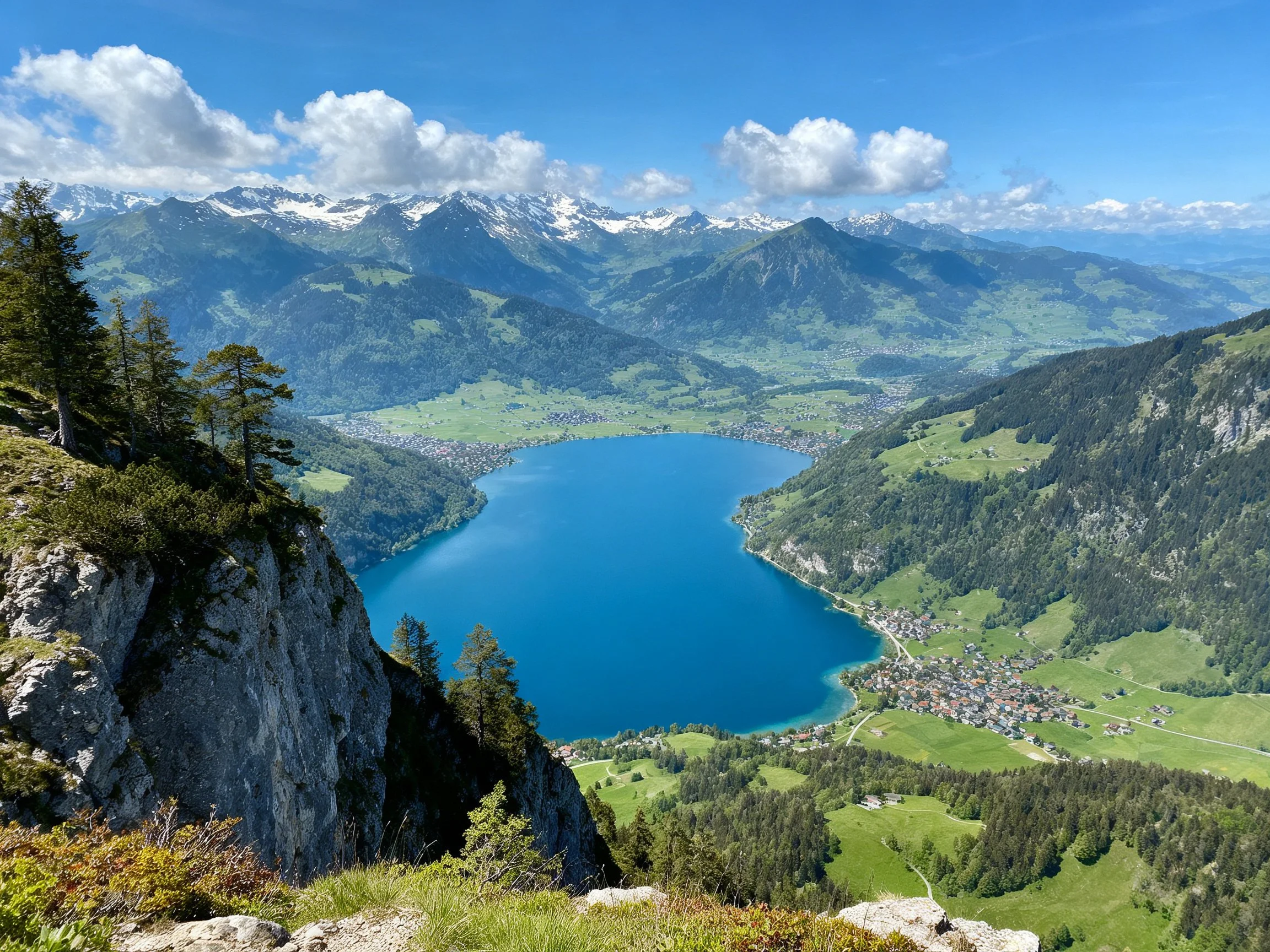 Mountainous Landscape with Blue Lake and Forested Valleys