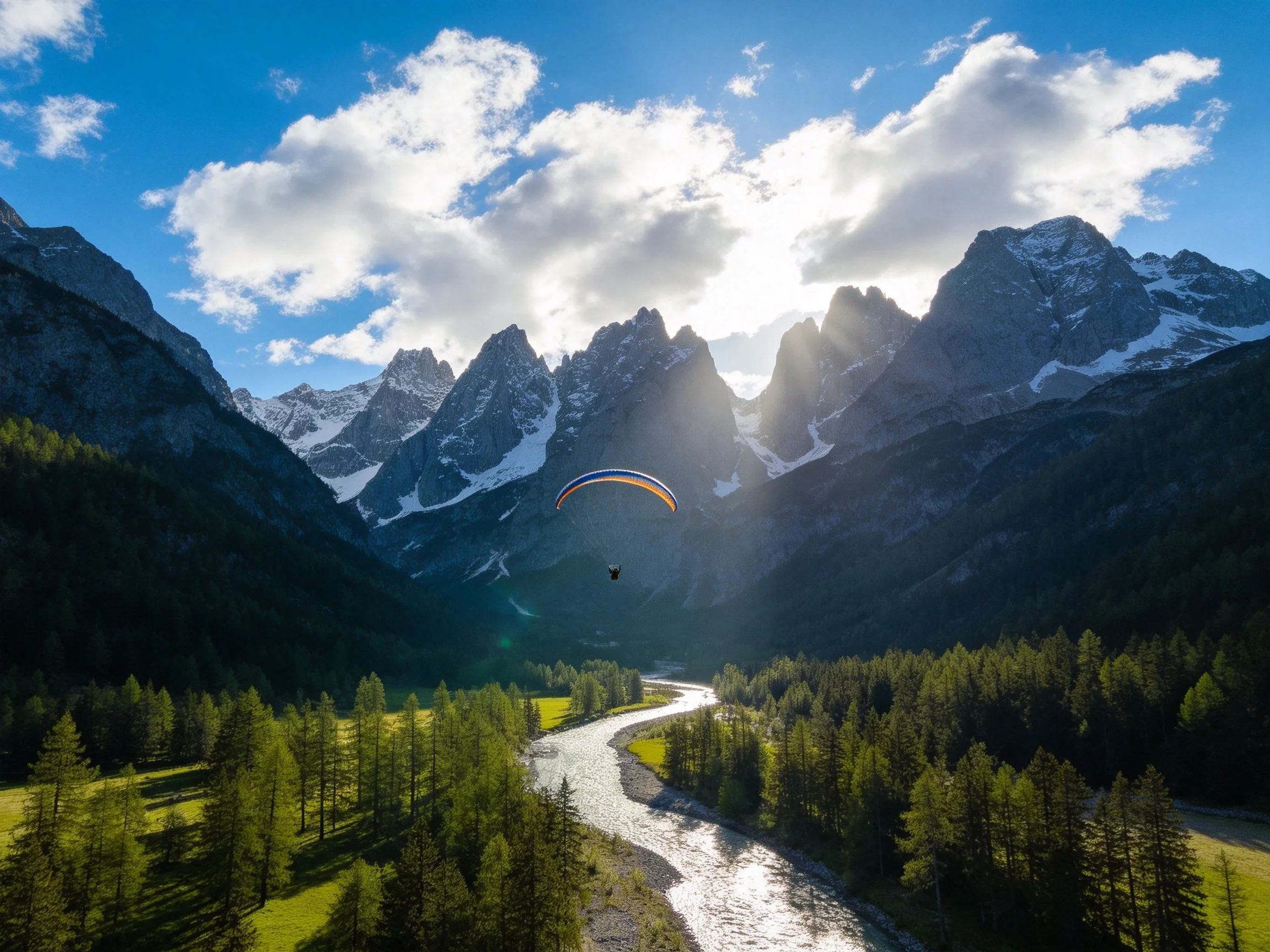 Mountainous landscape with a paraglider over a winding river
