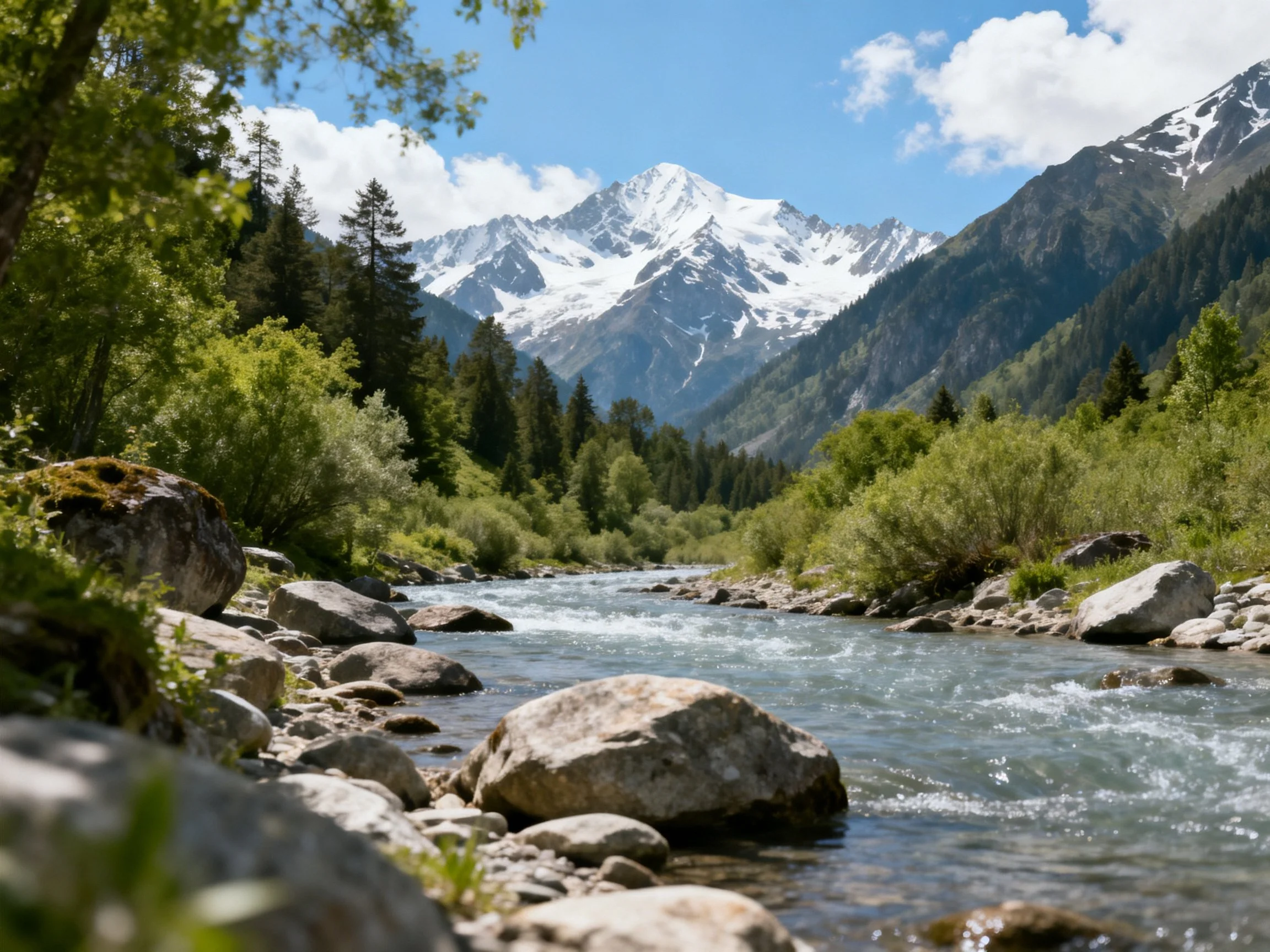 Mountainous landscape with a rocky stream and snow-capped peaks