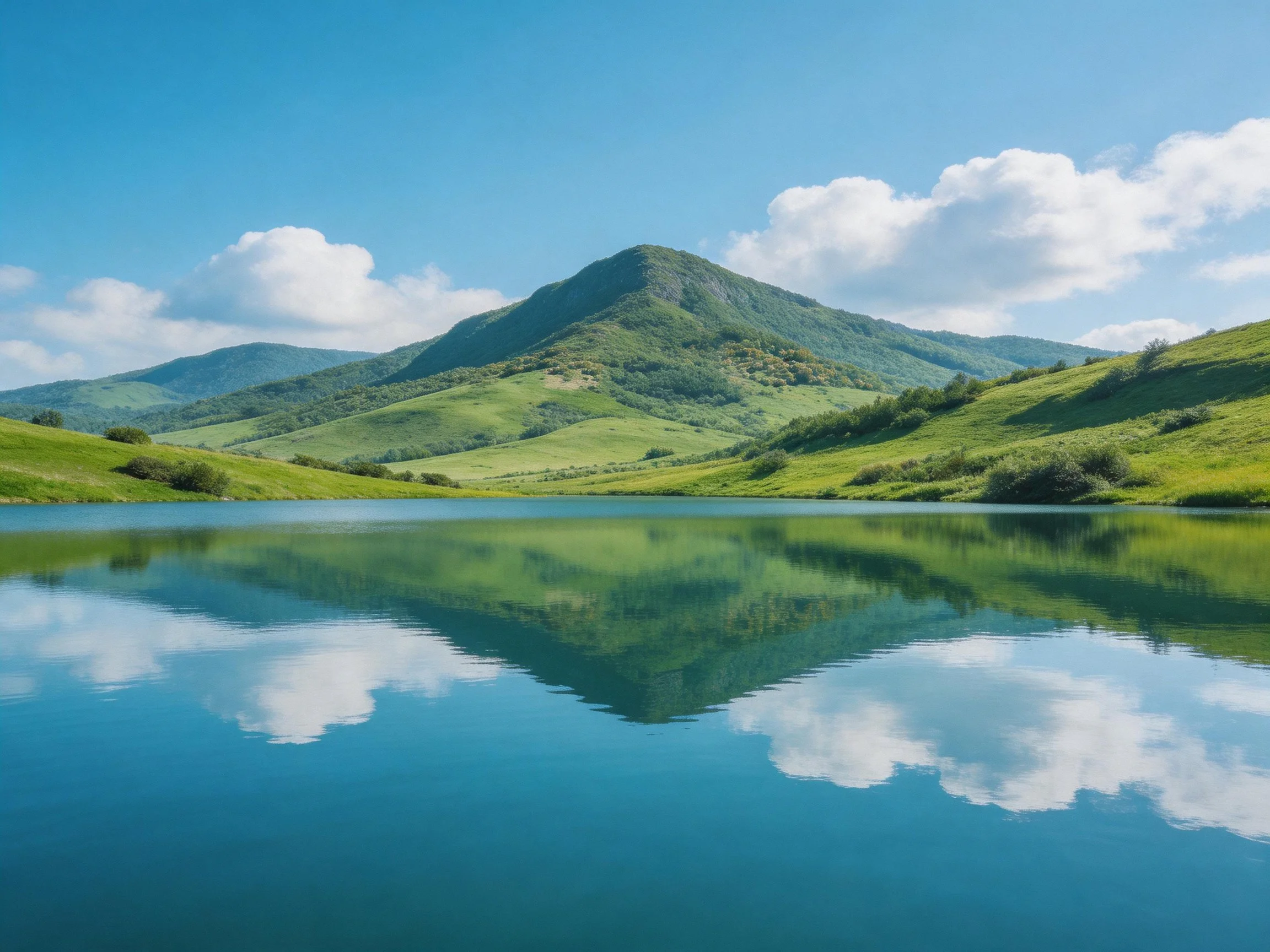 Mountainous landscape with green hills reflected in calm blue lake
