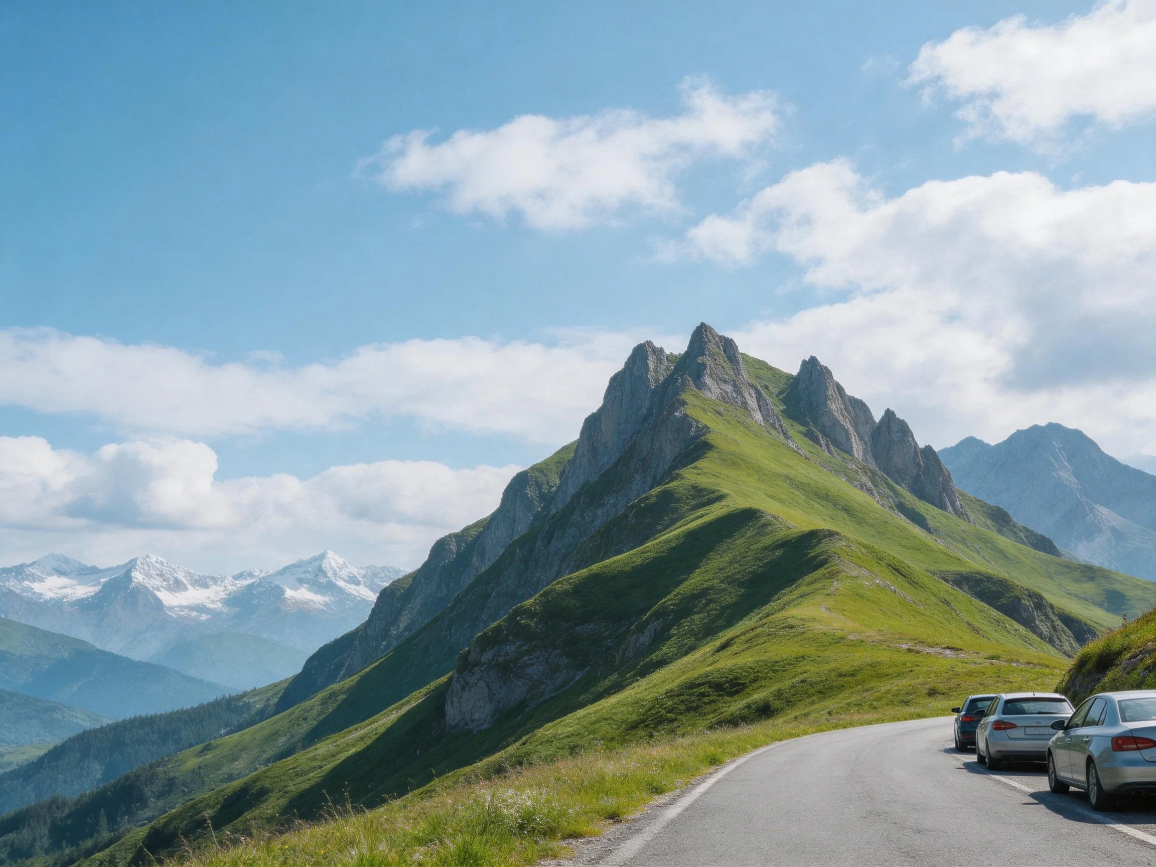 Mountainous scenic road with lush green hills and clear sky