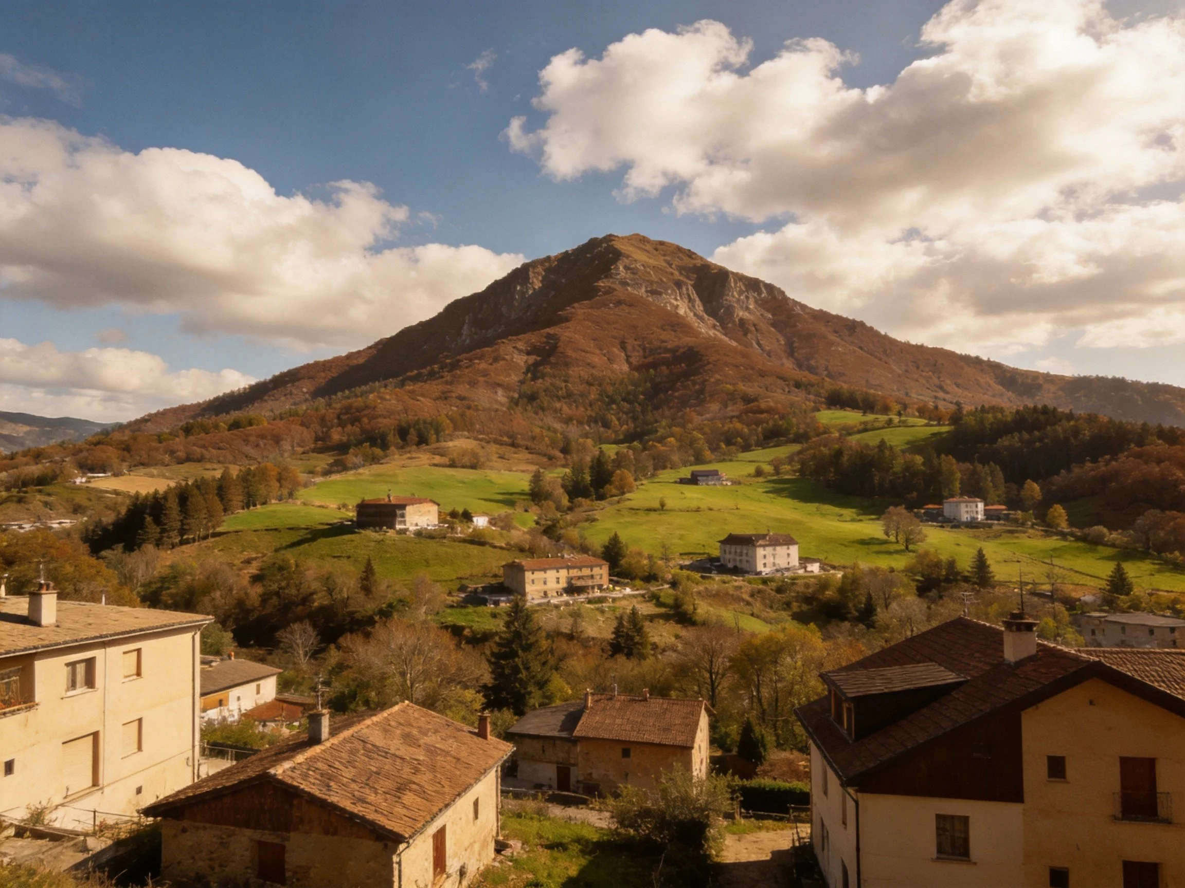 Mountainous village with earth-toned homes and green hills