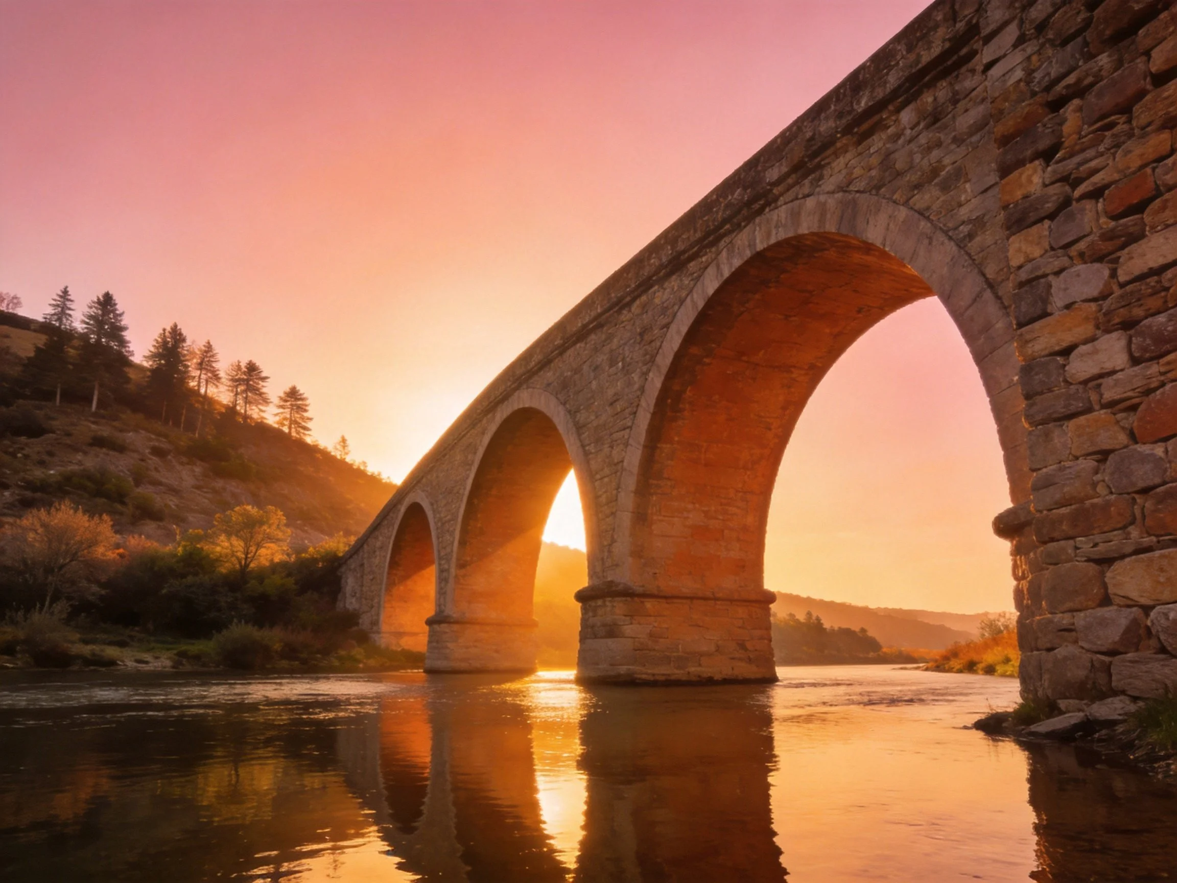 Multi-arched ancient stone bridge spans calm river at golden hour
