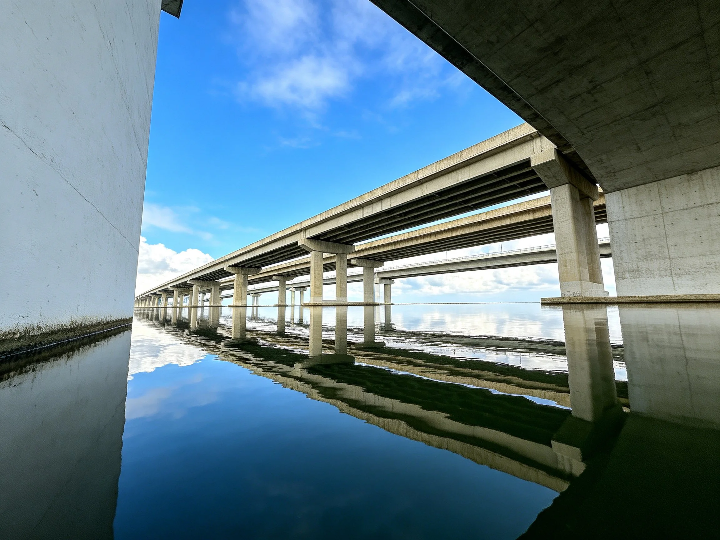 Multi-level concrete bridge spans calm water with blue sky reflection