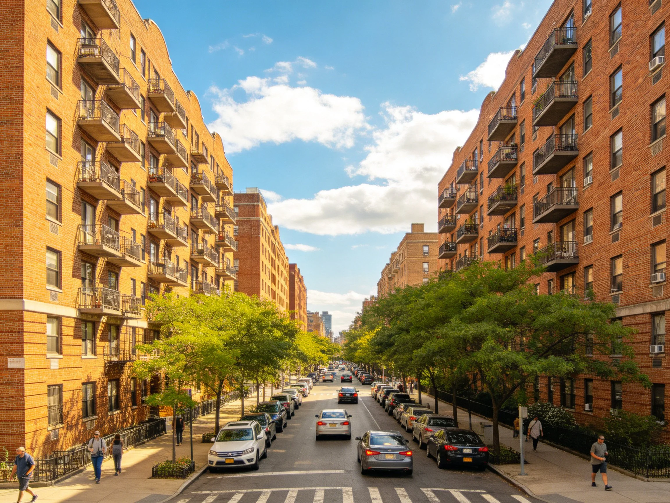 Multi-story brick apartments flank a tree-lined urban street with parked vehicles