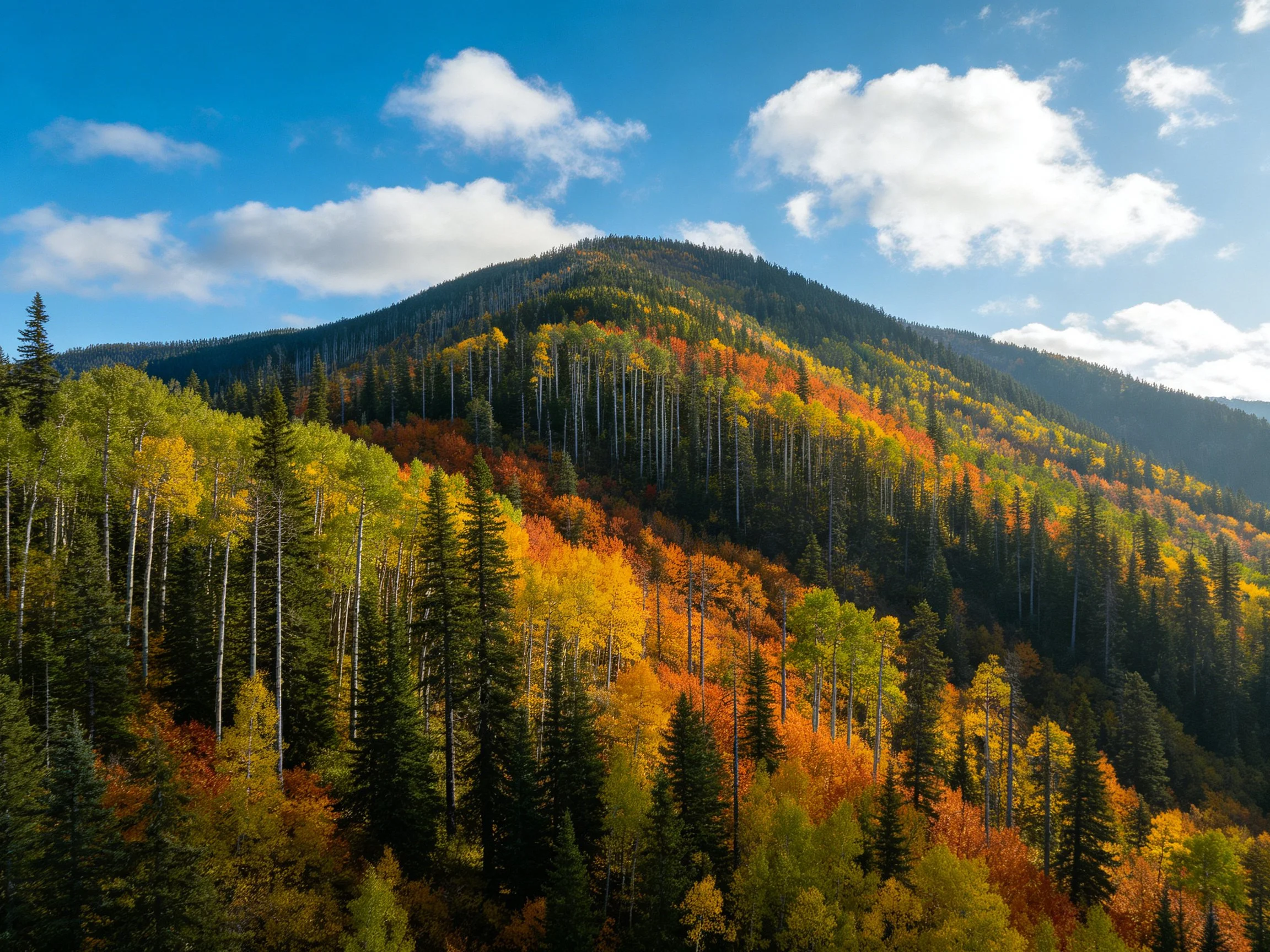 Multicolored autumn forests cover rolling mountain slopes