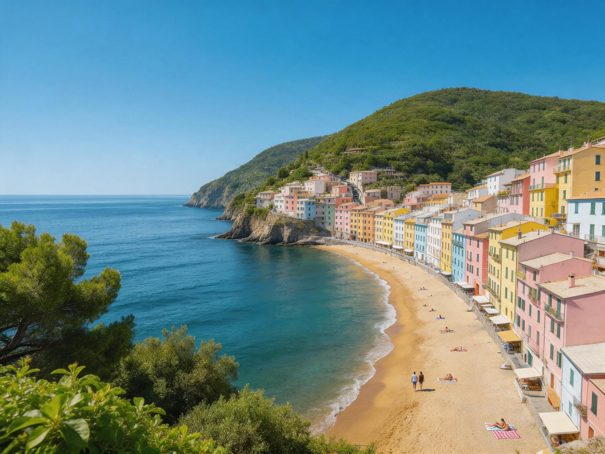 Multicolored buildings border a curved sandy beach near calm blue waters