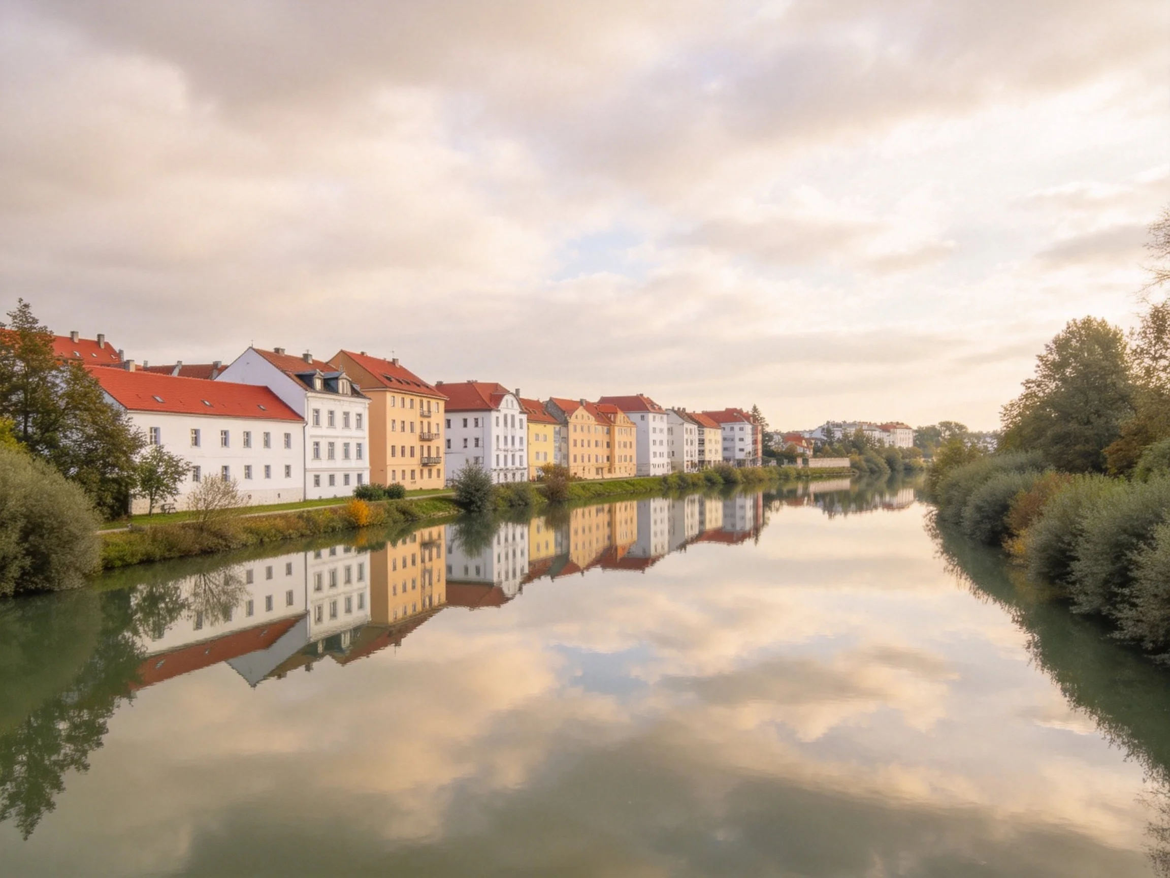 Multicolored historic buildings reflected in calm river under cloudy sky