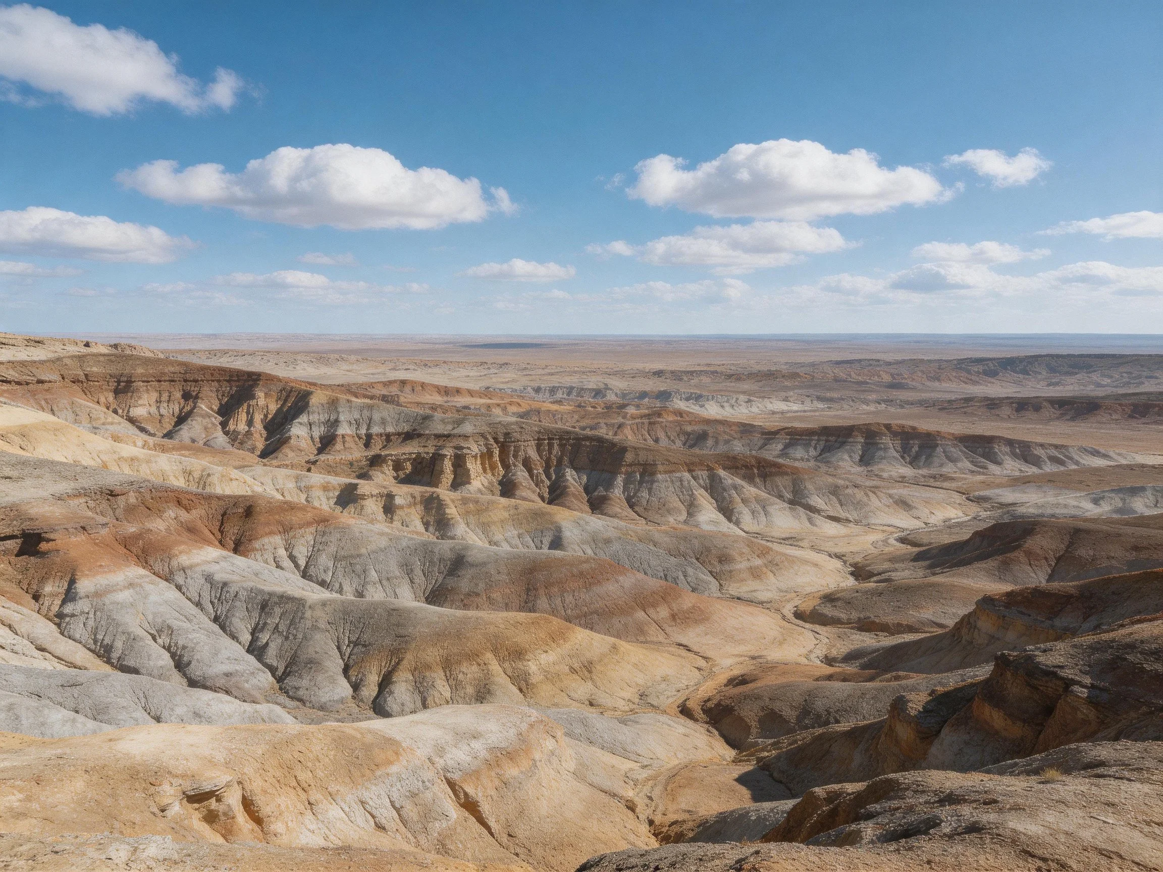 Multicolored layered desert formations stretching across vast arid terrain
