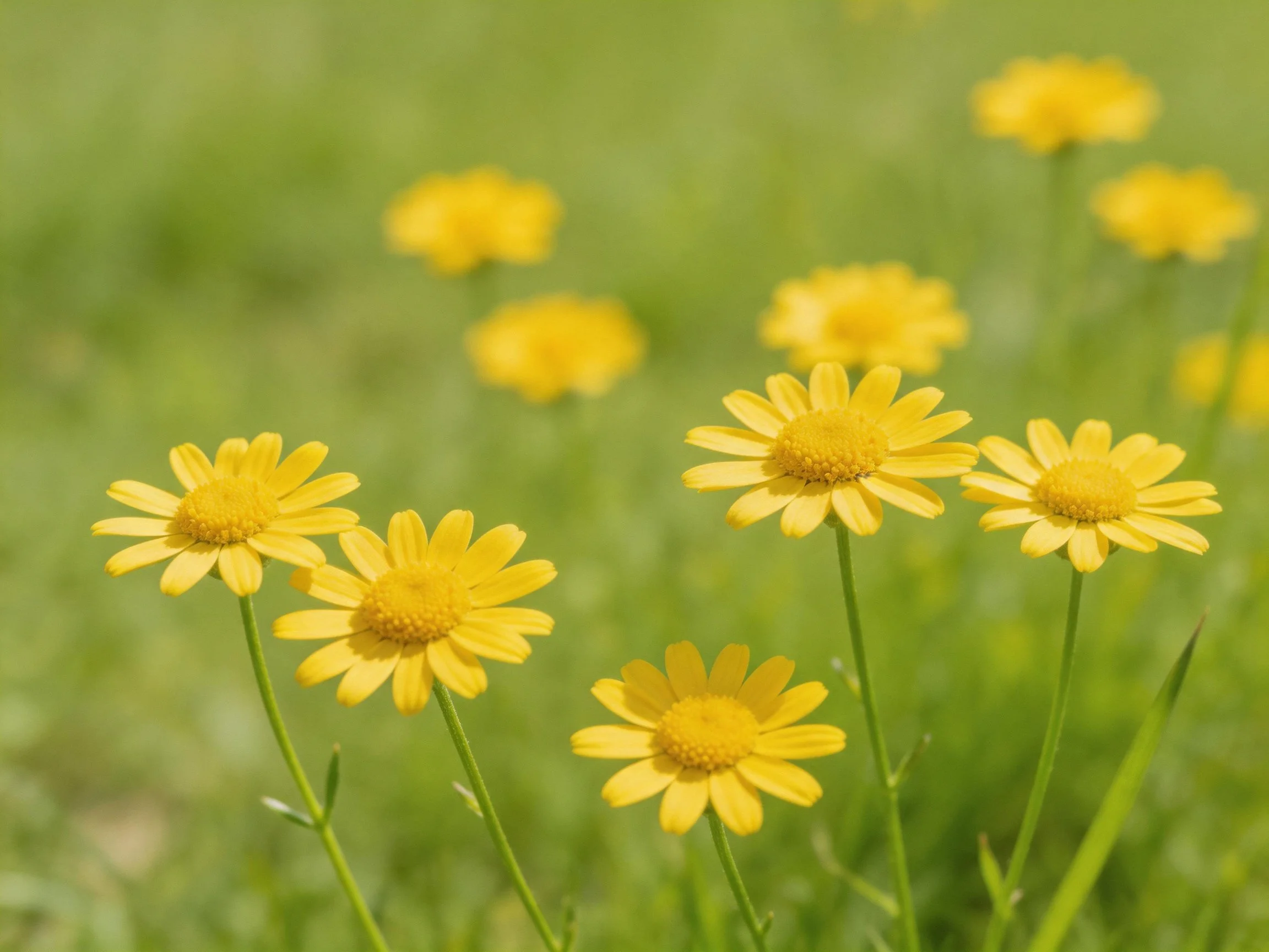 Multiple bright yellow daisy flowers scattered in a green meadow