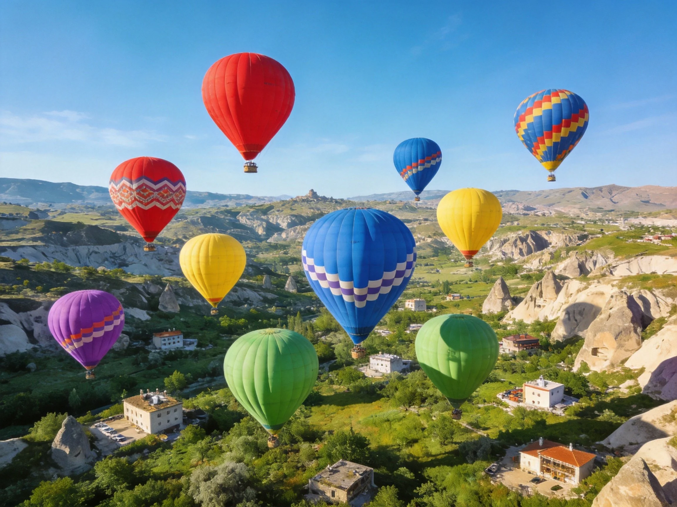 Multiple colorful hot air balloons over rocky terrain