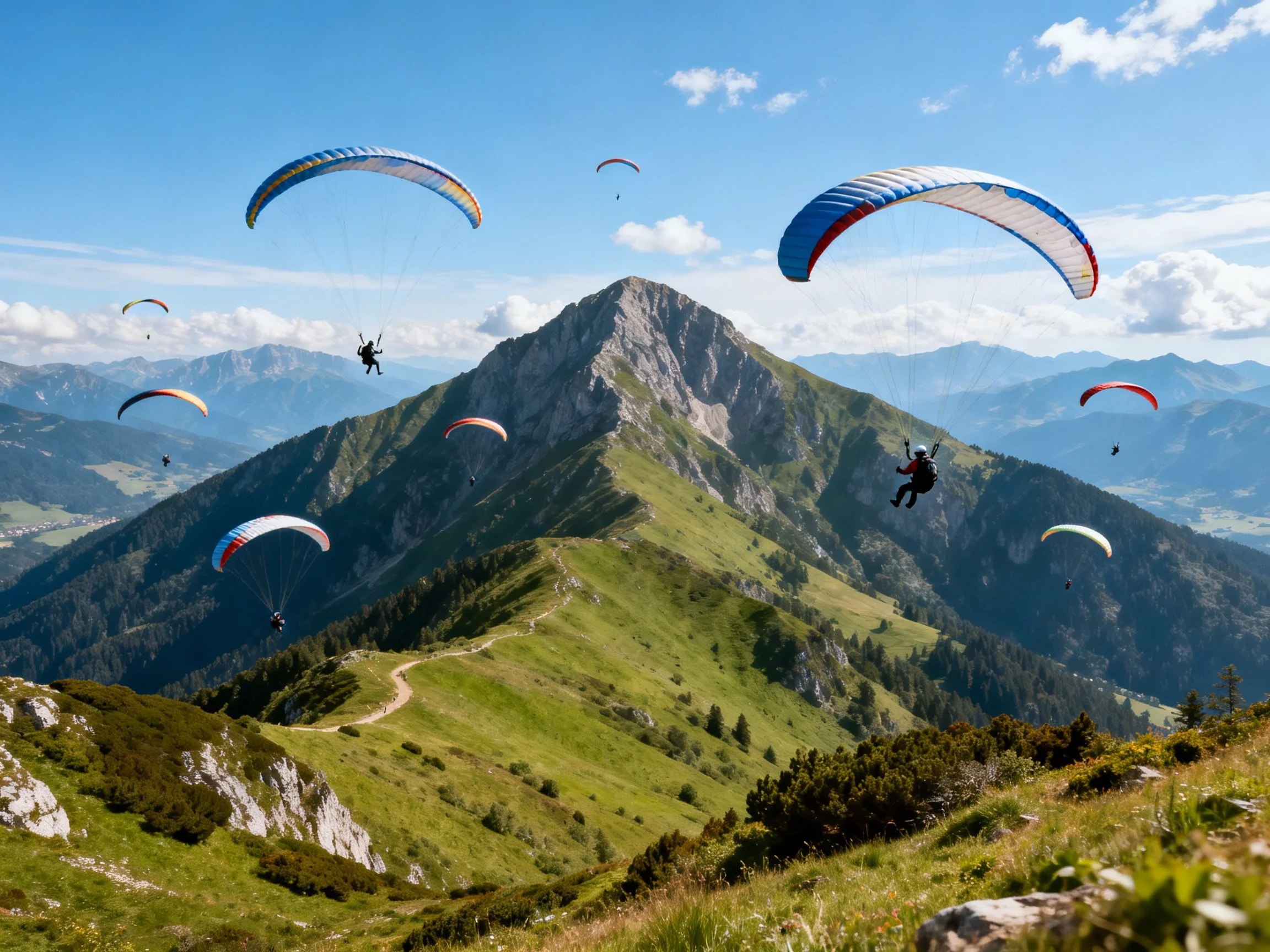 Multiple colorful paragliders soaring over mountainous terrain
