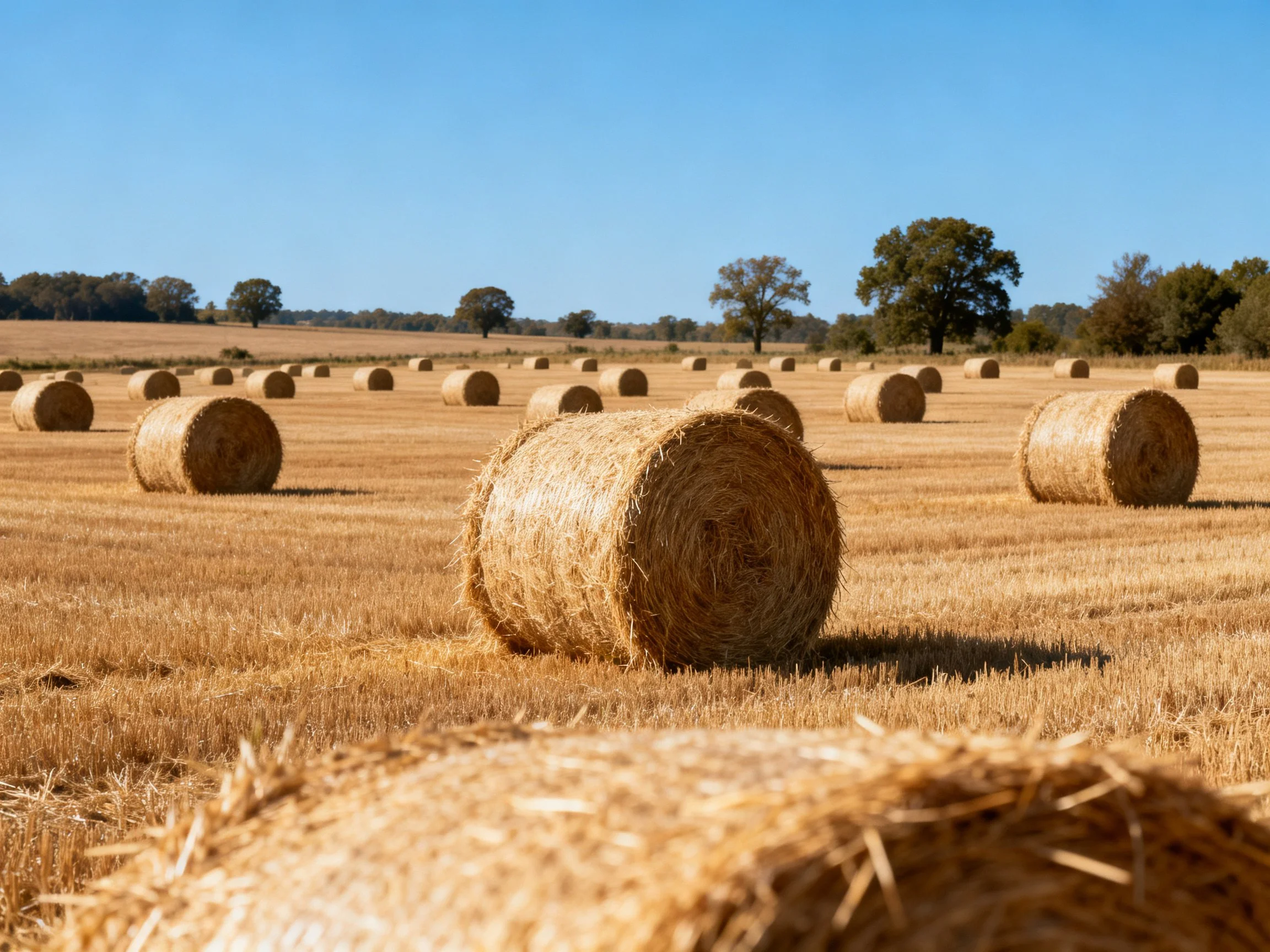 Multiple golden hay bales scattered across harvested field