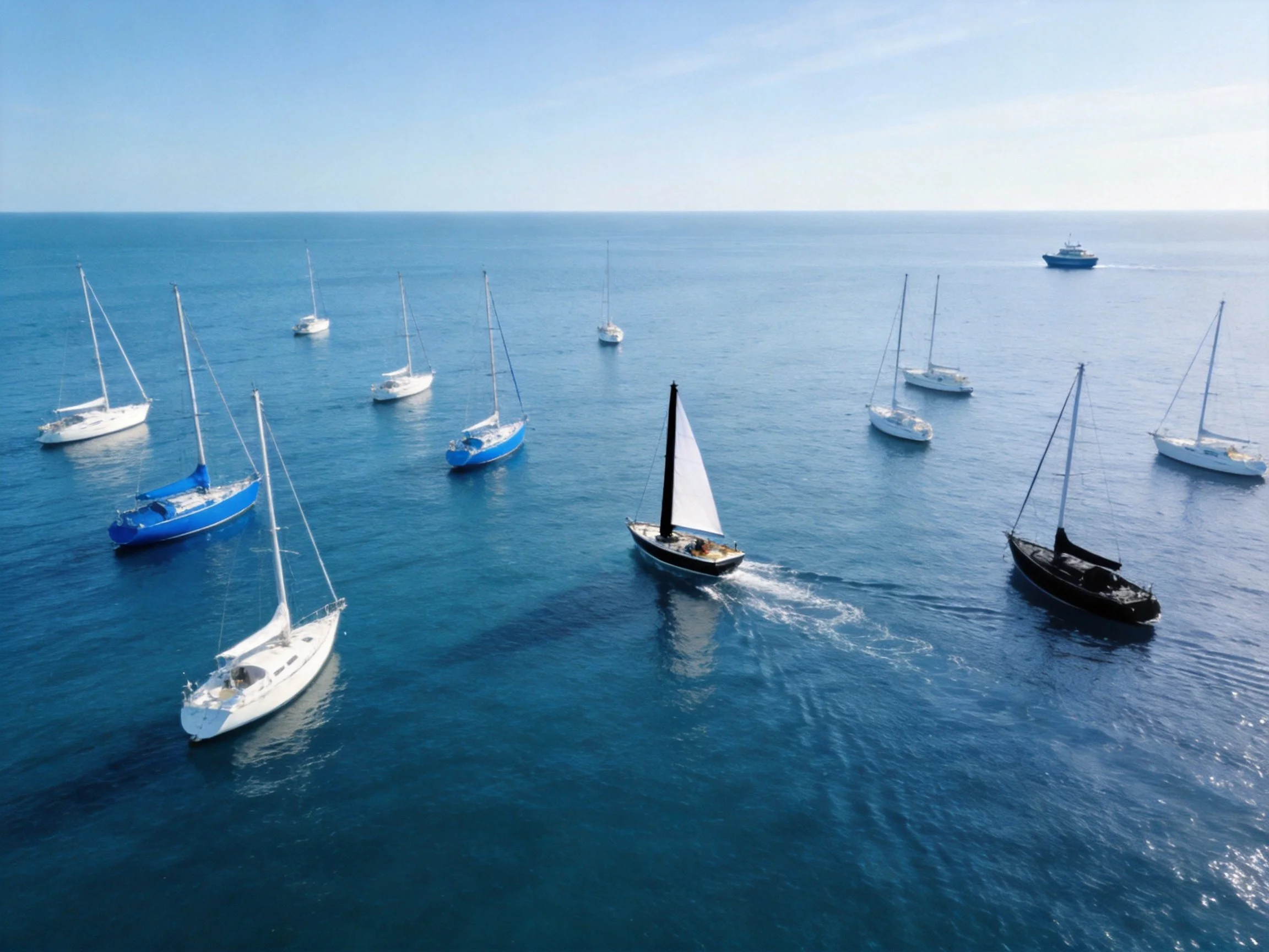 Multiple sailboats of varying colors float on calm blue waters