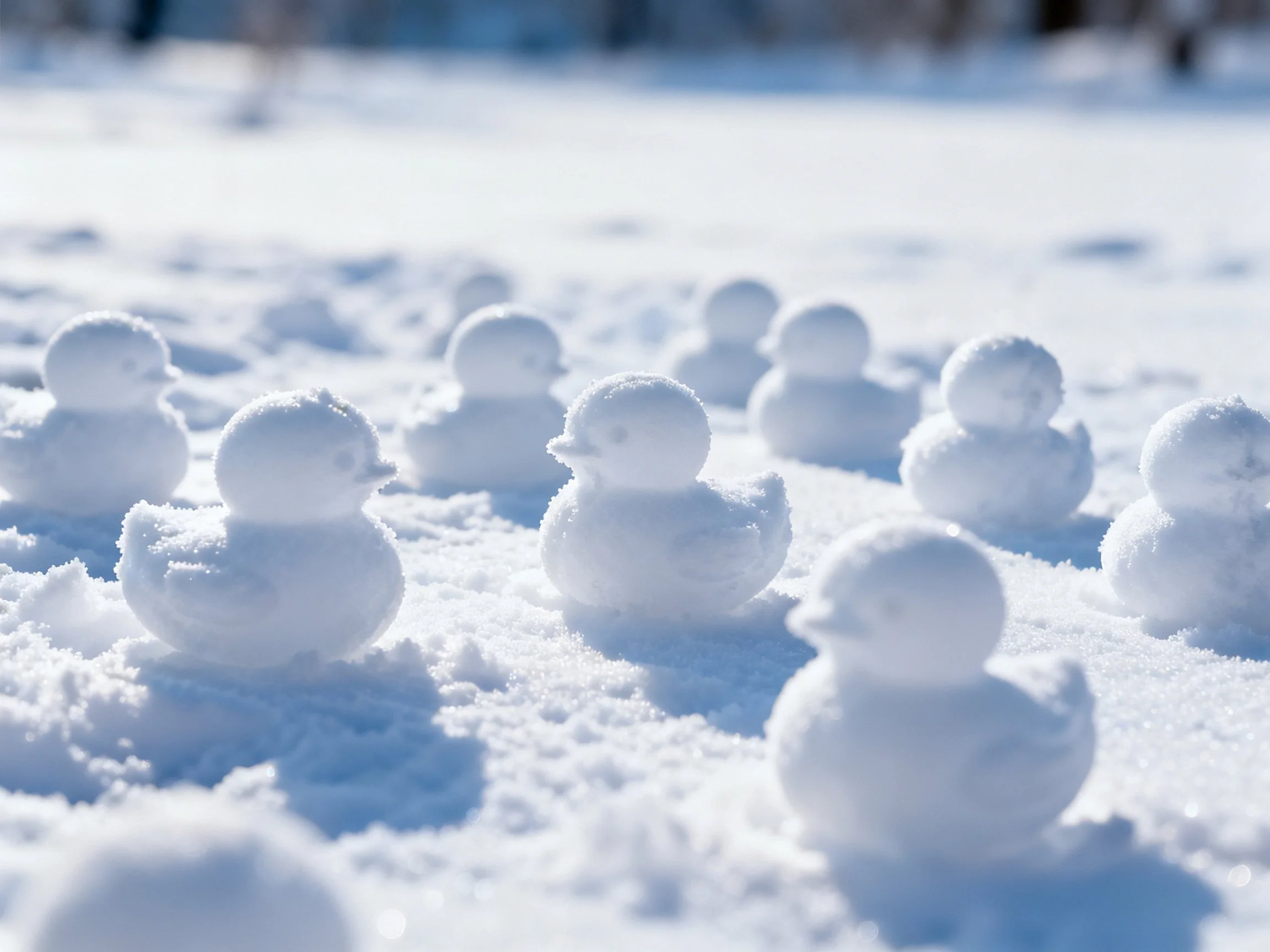 Multiple snow duck sculptures arranged on a snowy landscape