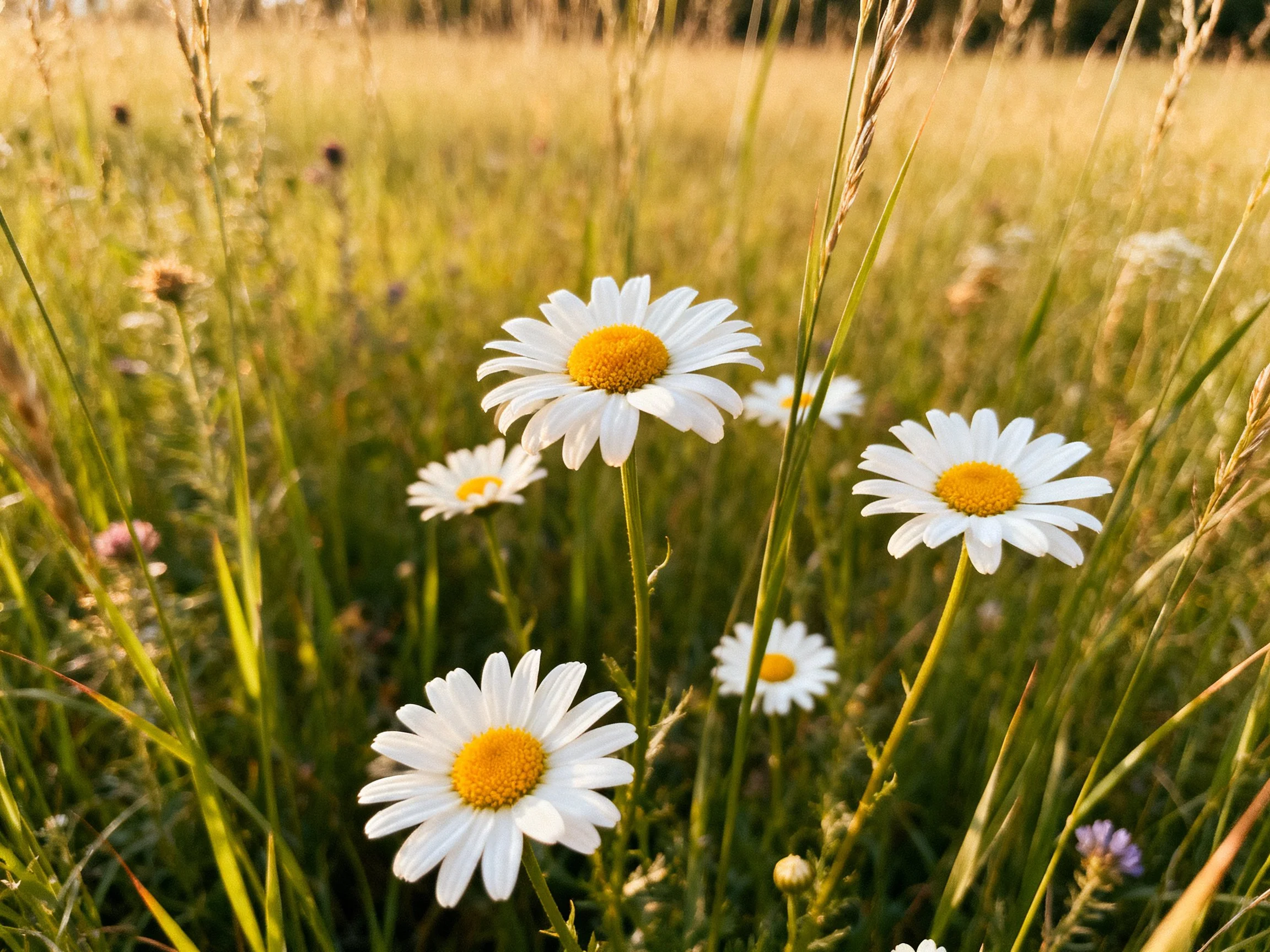 Multiple white daisies with yellow centers amid tall green grasses in a sunlit meadow
