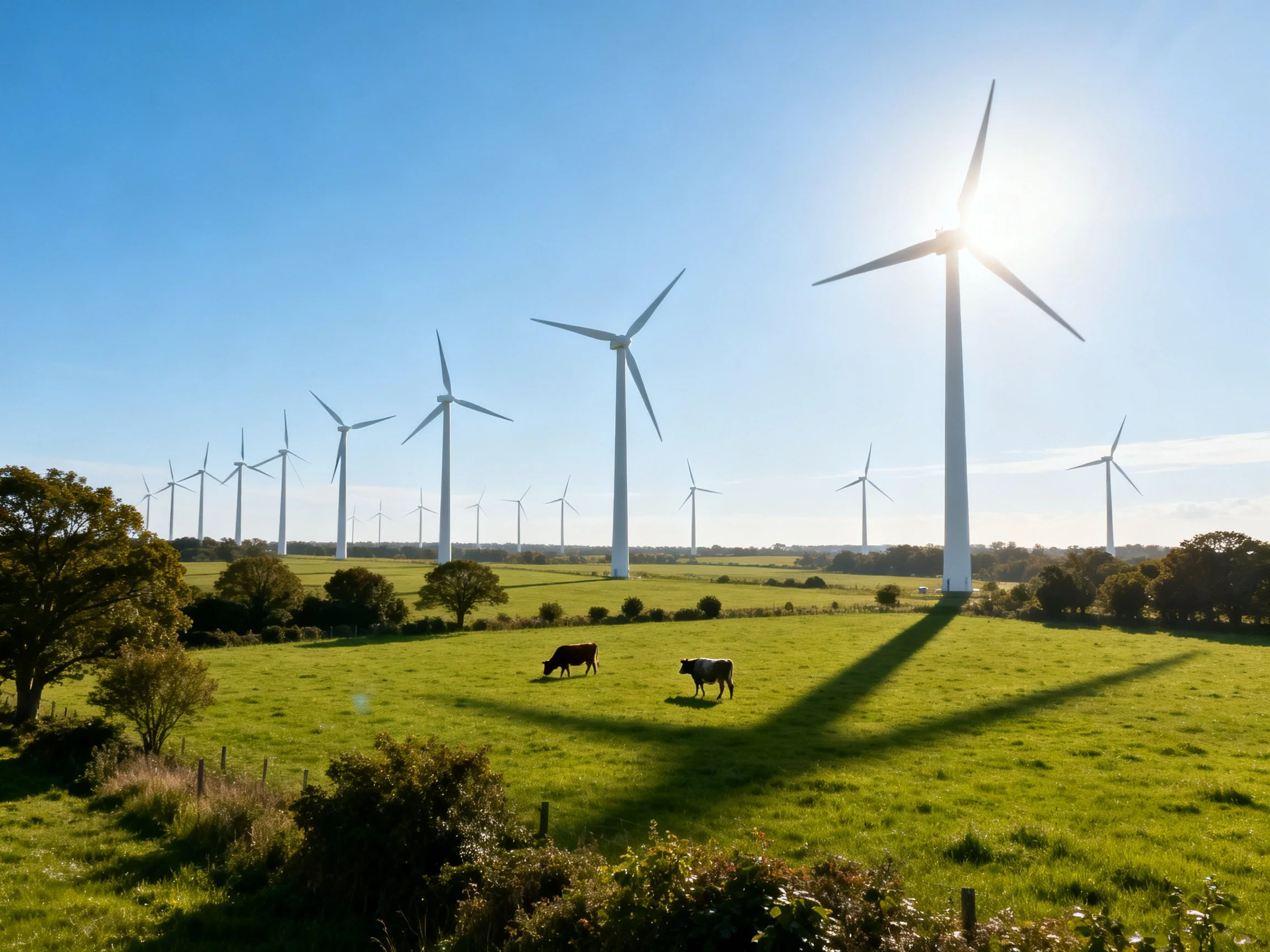 Multiple white wind turbines stand in sunny green pasture with two grazing cows