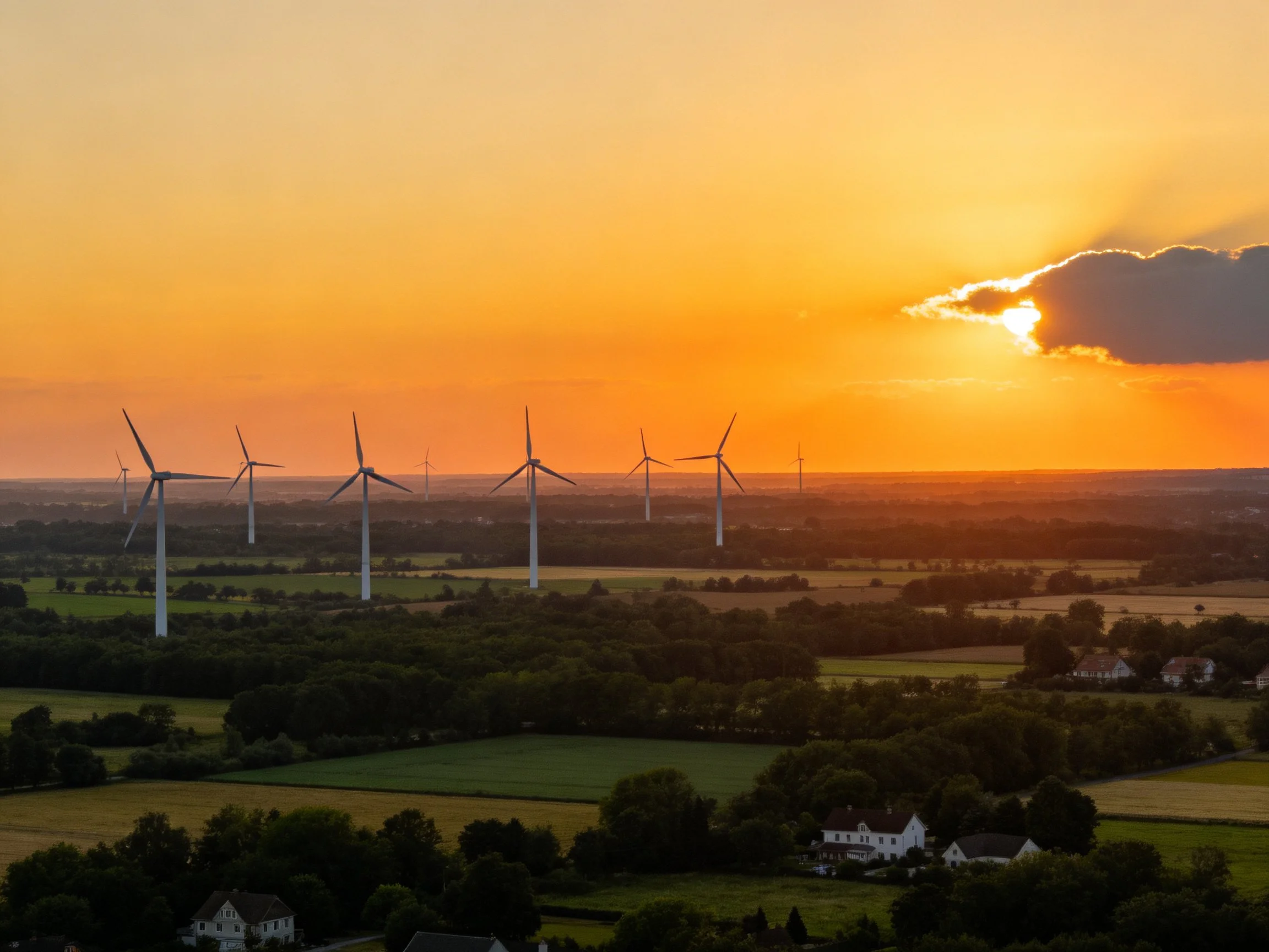 Multiple wind turbines against vibrant orange sunset sky over green countryside