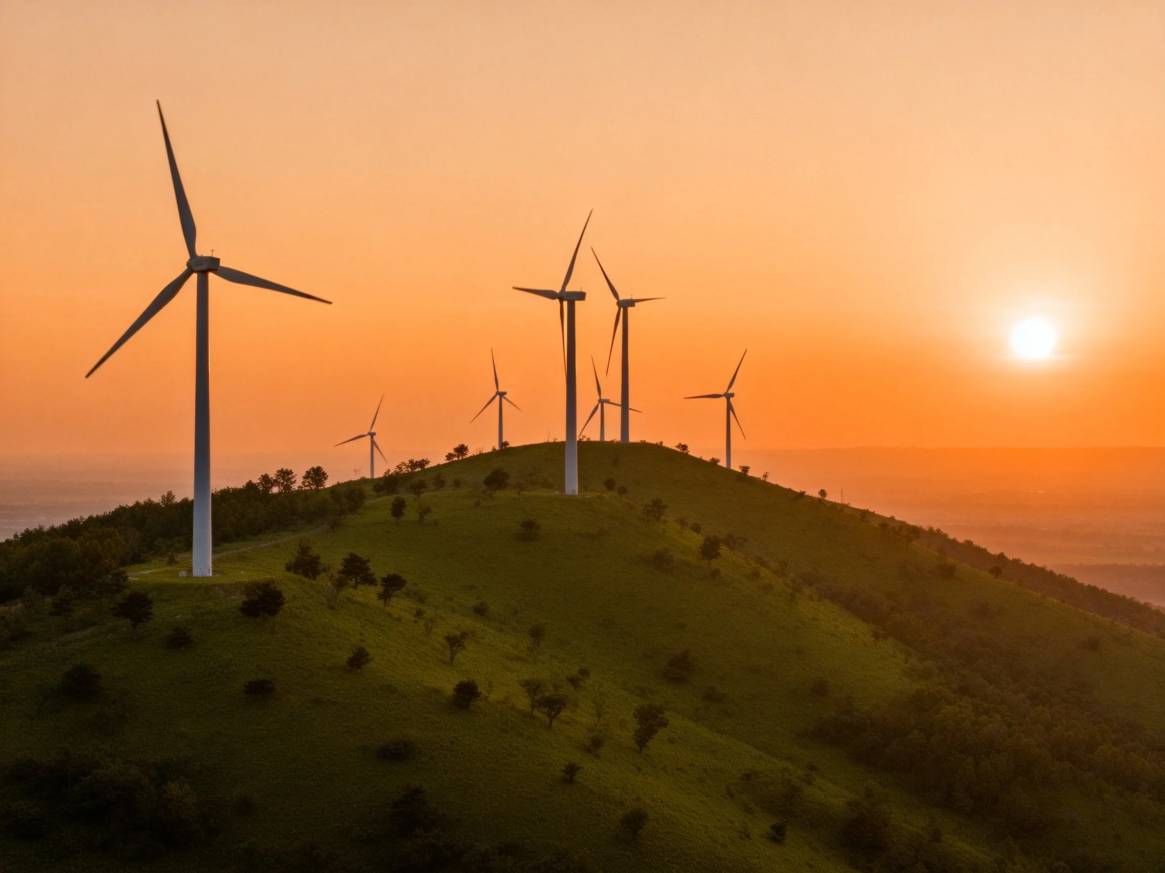 Multiple wind turbines on a green hill during sunset