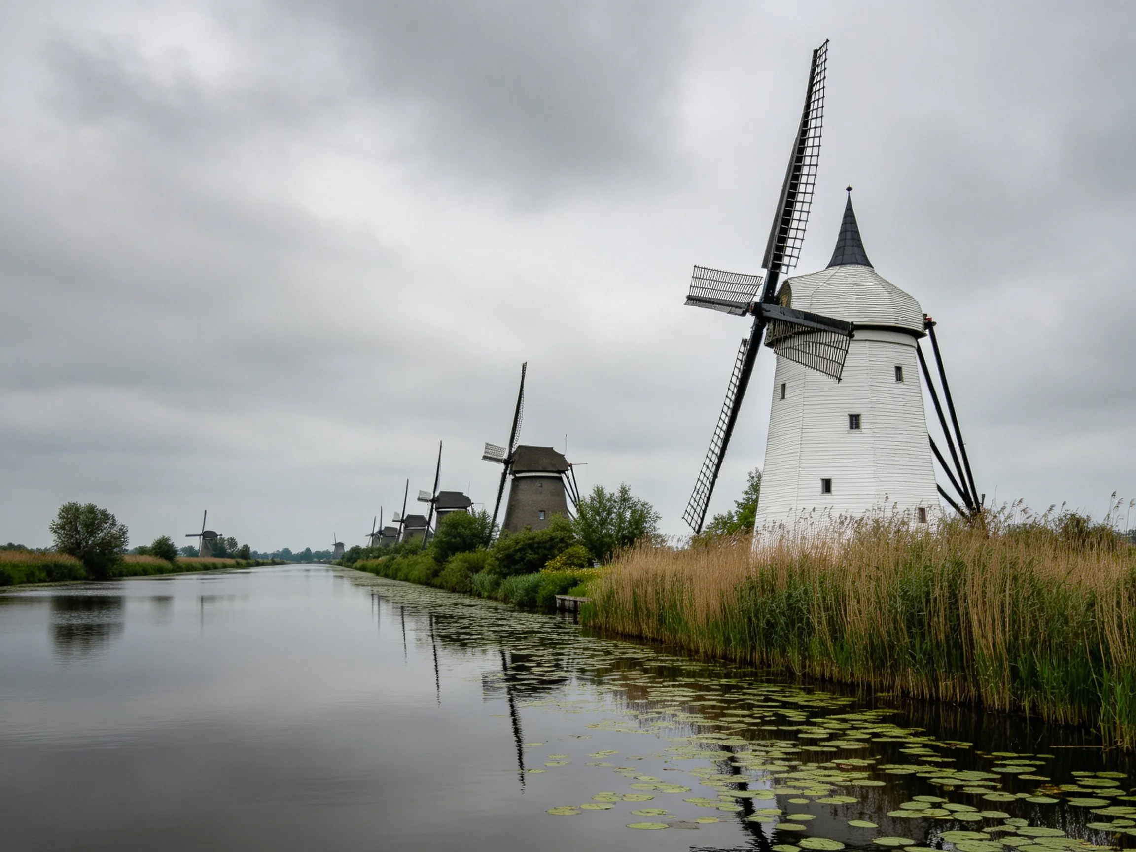 Multiple windmills of differing colors sit along a tranquil waterway amid vegetation beneath an overc