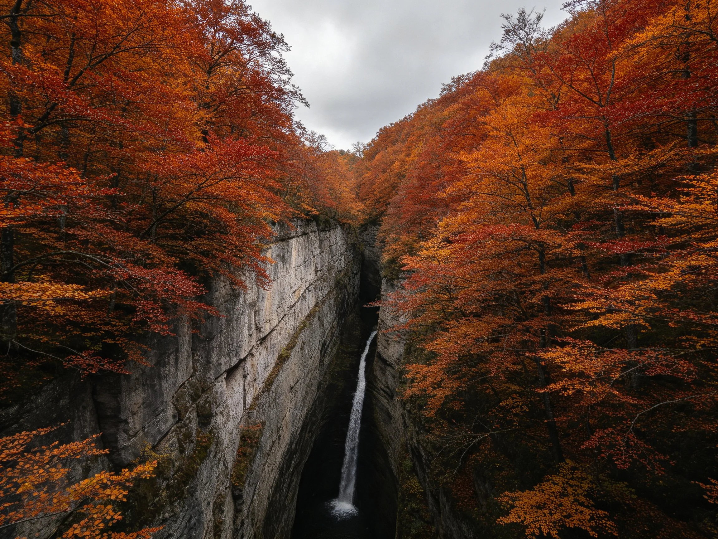 Narrow canyon with autumn foliage and a waterfall