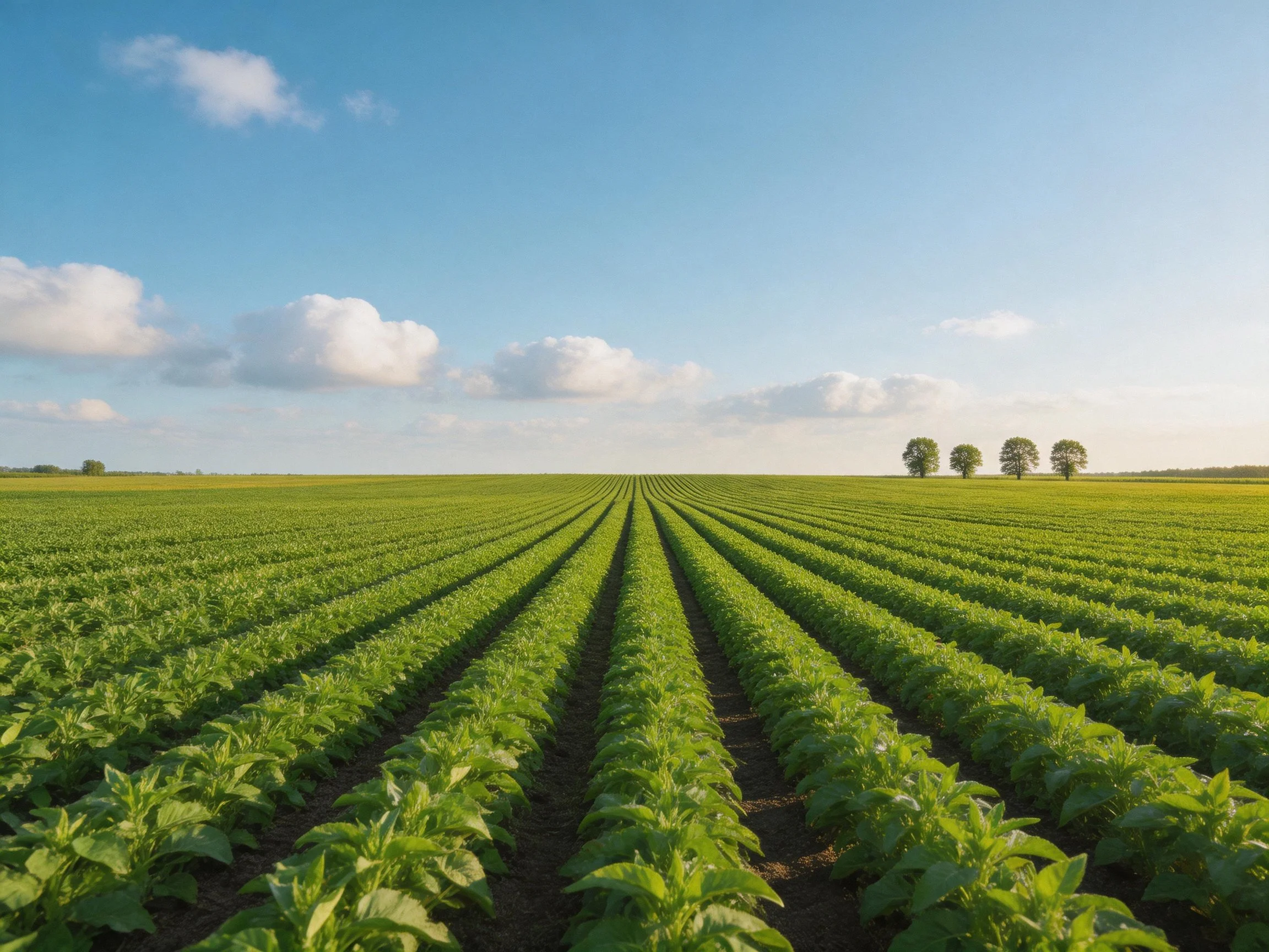 Neatly arranged green crop rows cover a large field with distant trees under blue sky