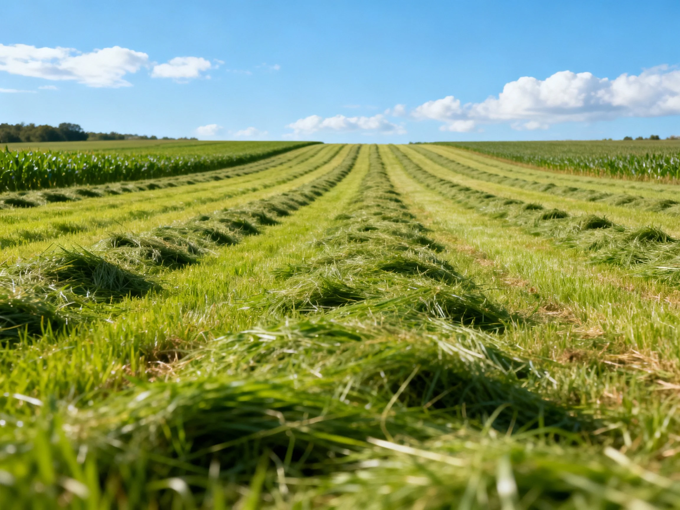 Neatly arranged green crop rows stretching into the distance under clear blue sky