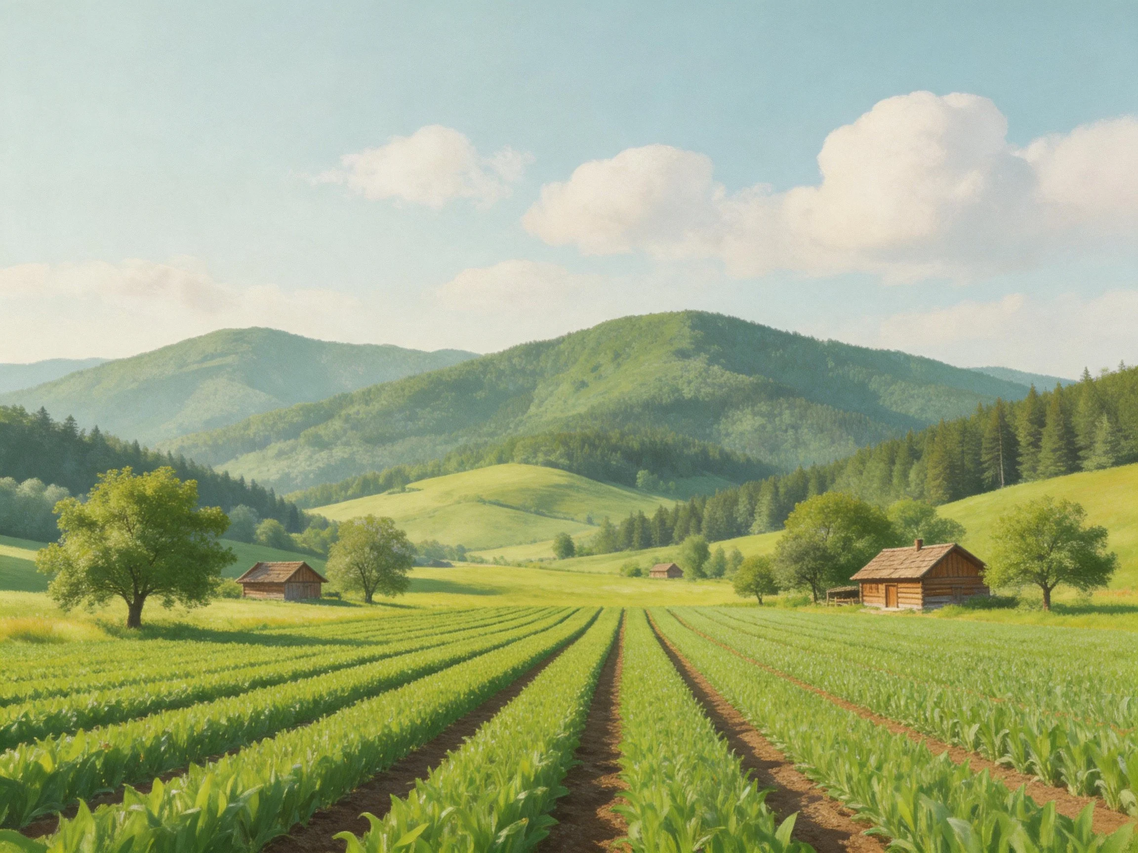 Neatly arranged green farm rows, wooden cabins, and rolling hills under sunny sky