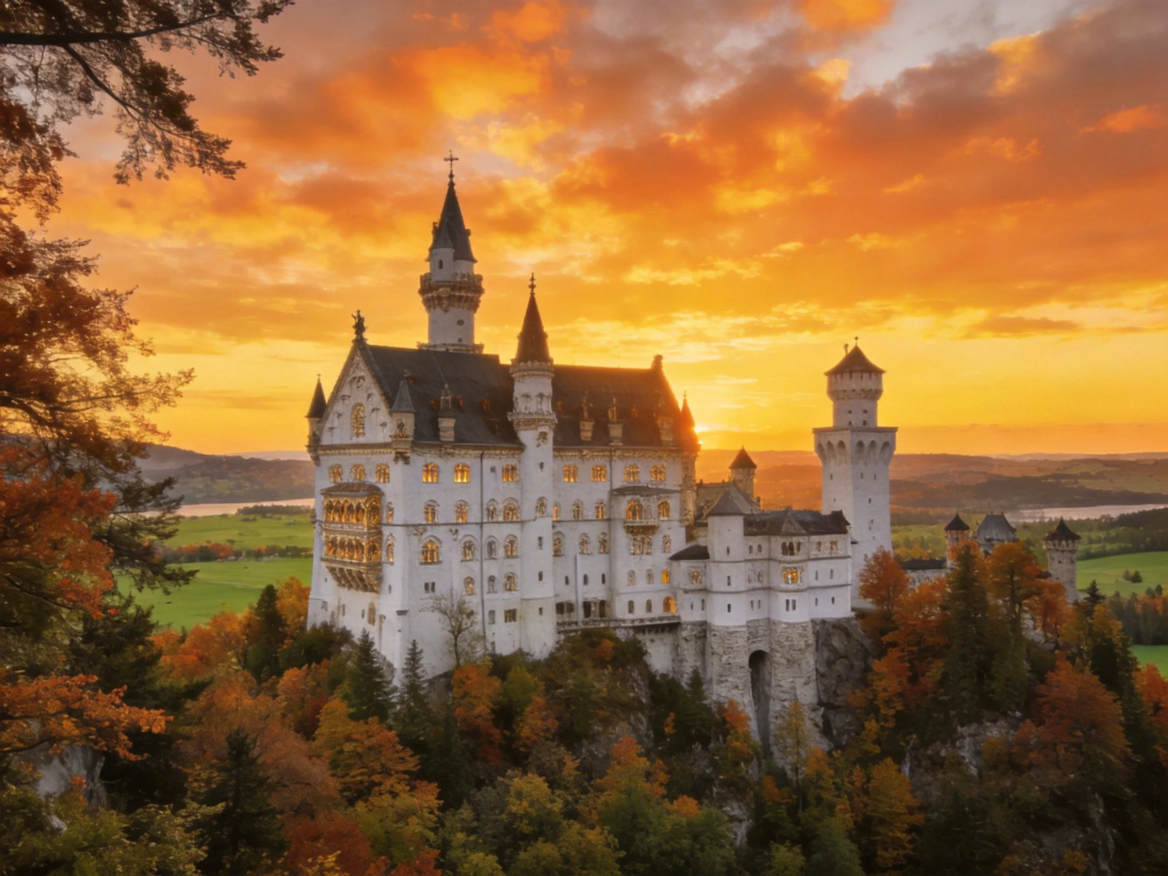 Neuschwanstein Castle atop a cliff under a fiery orange sunset