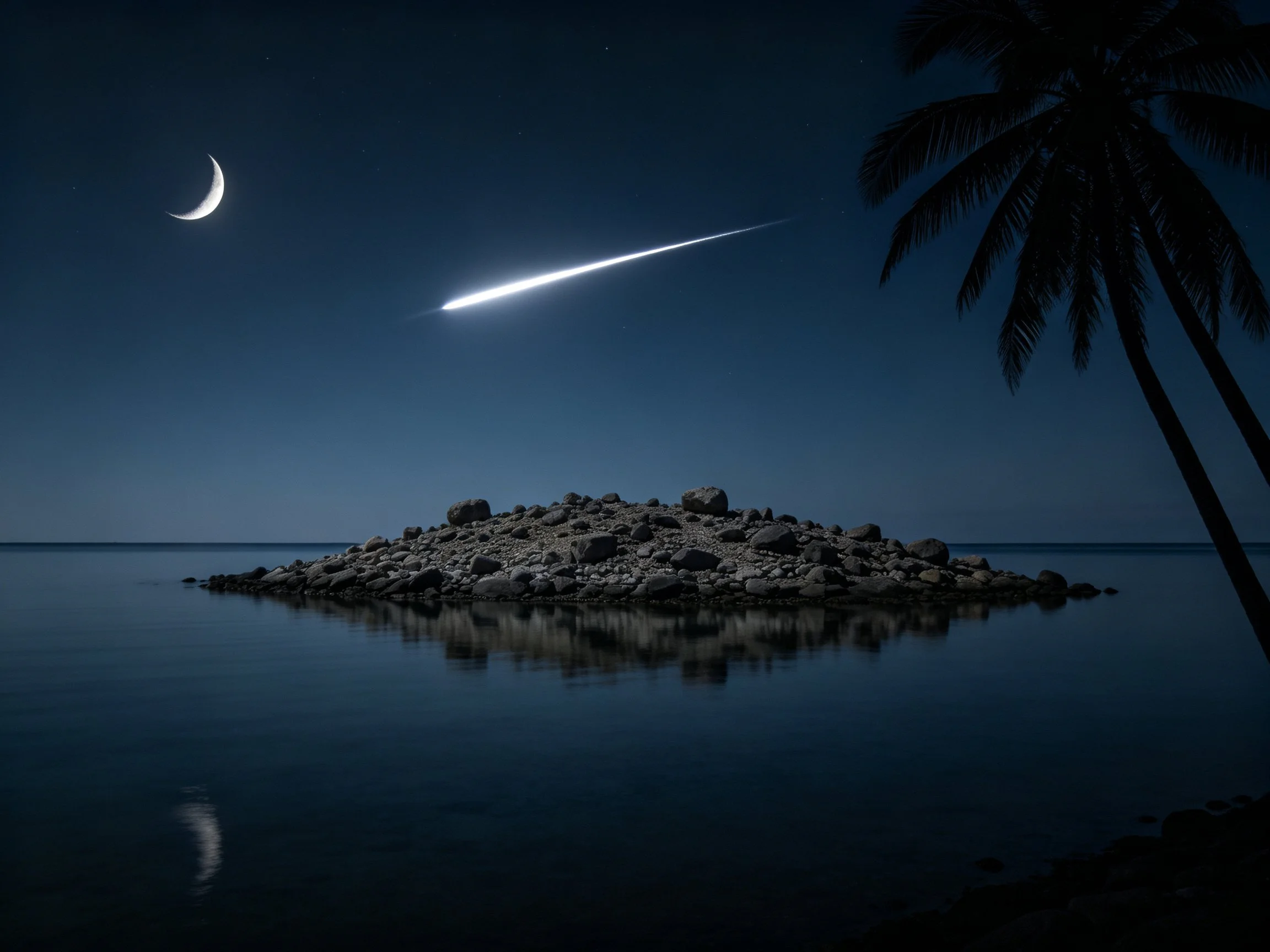Night Sky with Moon, Shooting Star, Rocky Island, Palm Trees