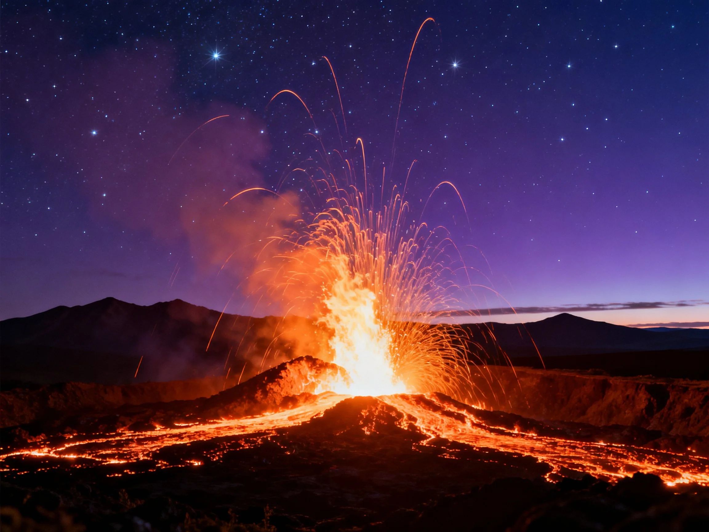 Nighttime Volcanic Eruption with Glowing Lava and Starry Sky