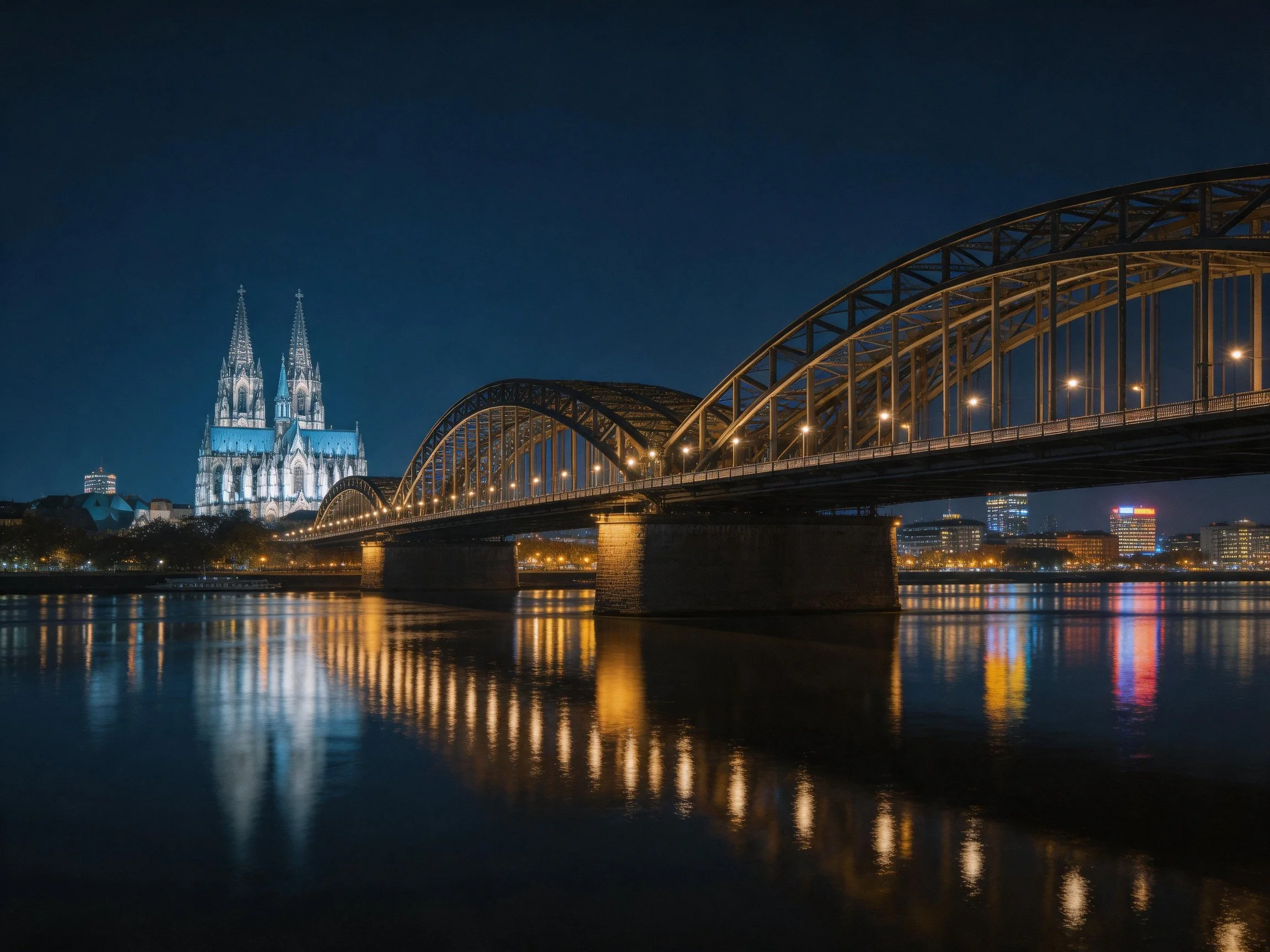Nighttime bridge and cathedral reflection over calm water
