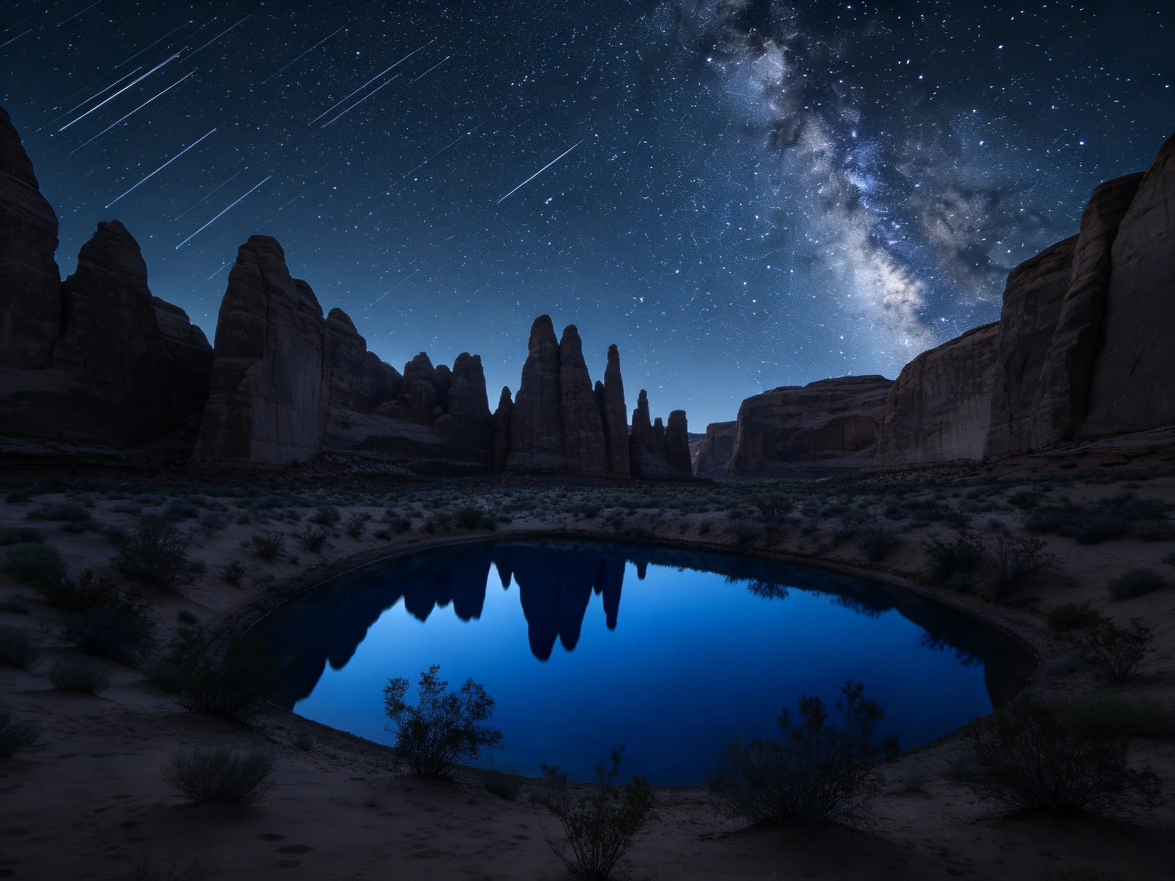 Nighttime desert rock formations with star trails and reflective pool