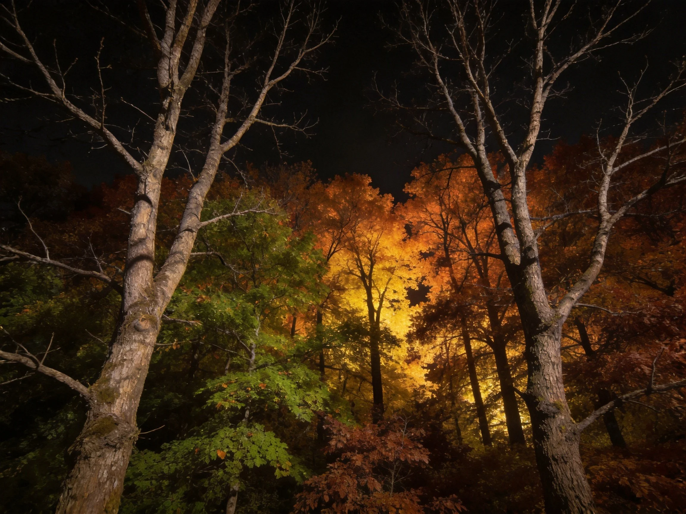 Nighttime forest with glowing autumn foliage and tall bare trees