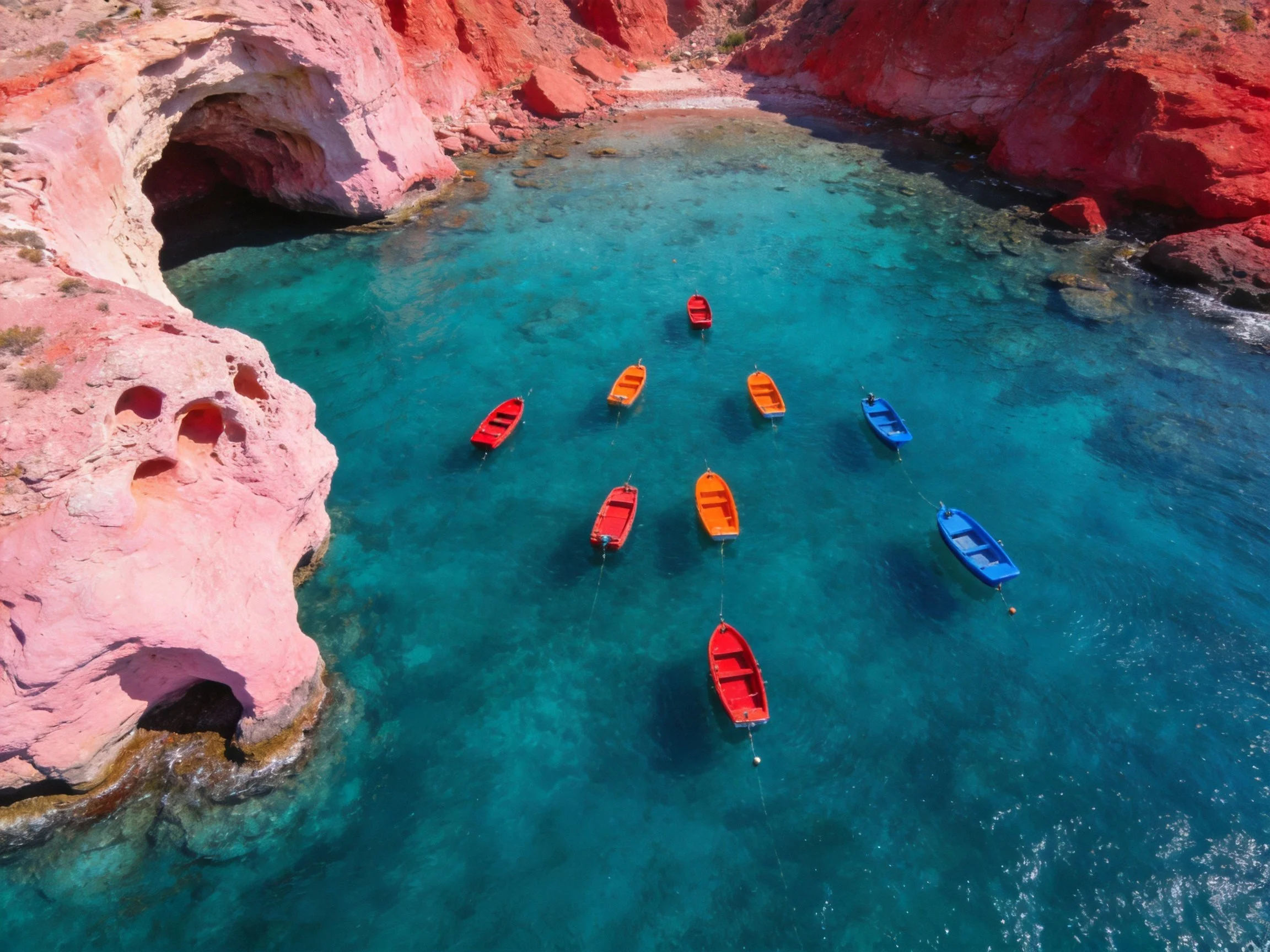 Nine colorful boats float in turquoise waters near red rocky cliffs