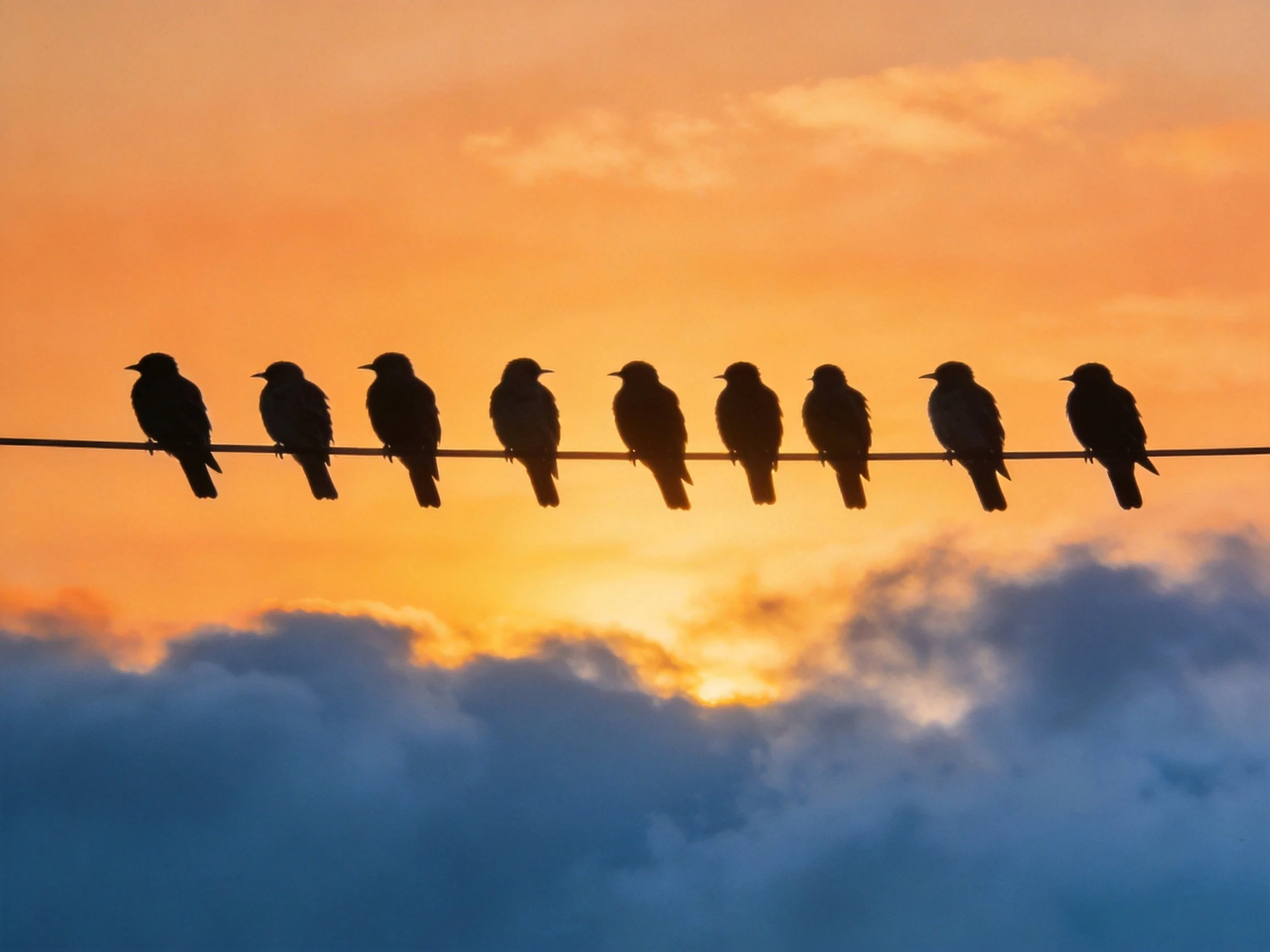 Nine silhouetted birds rest on a wire amid a golden sunset sky