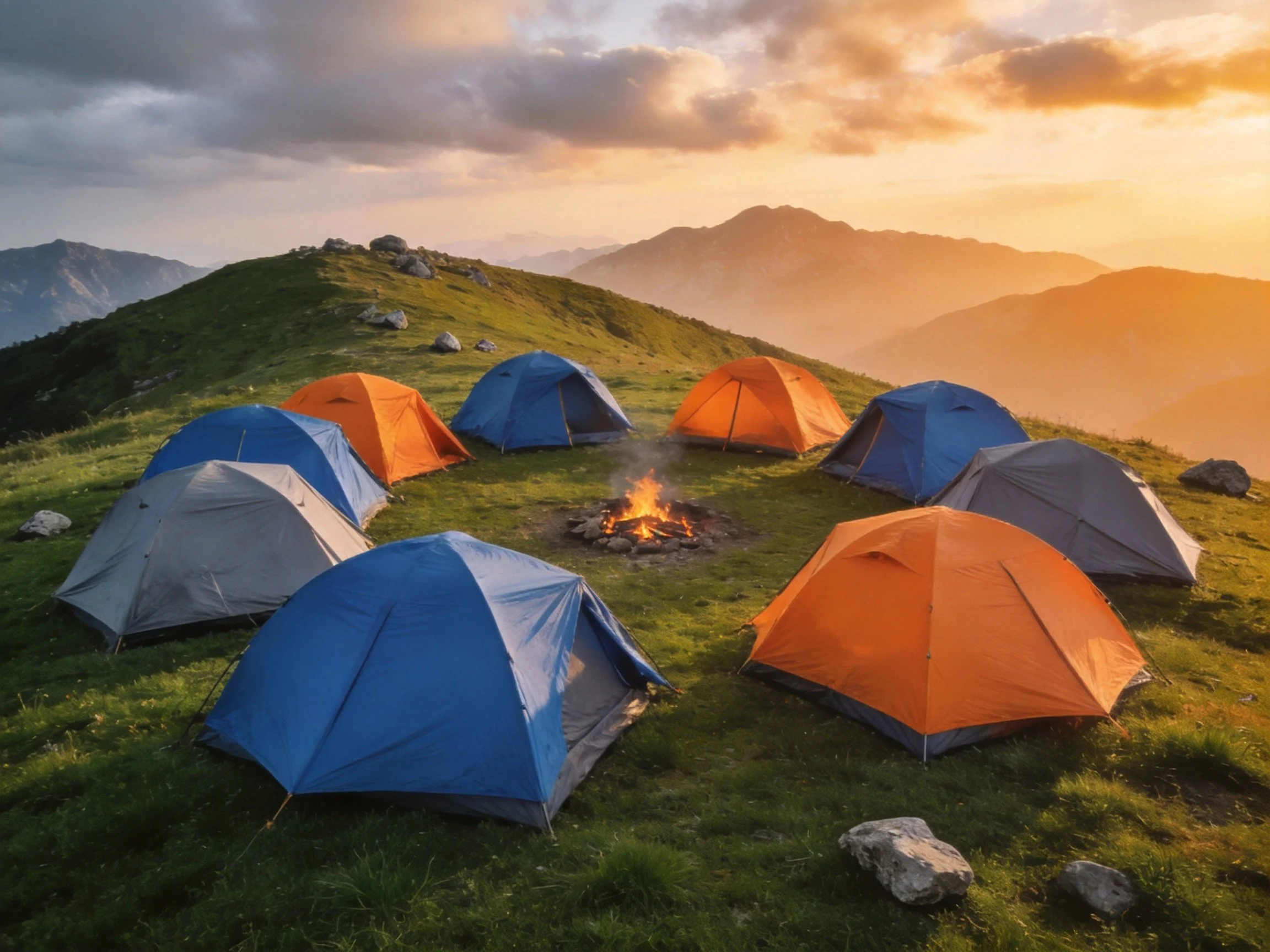 Nine tents in blue, orange, gray surround a campfire on a grassy mountain top
