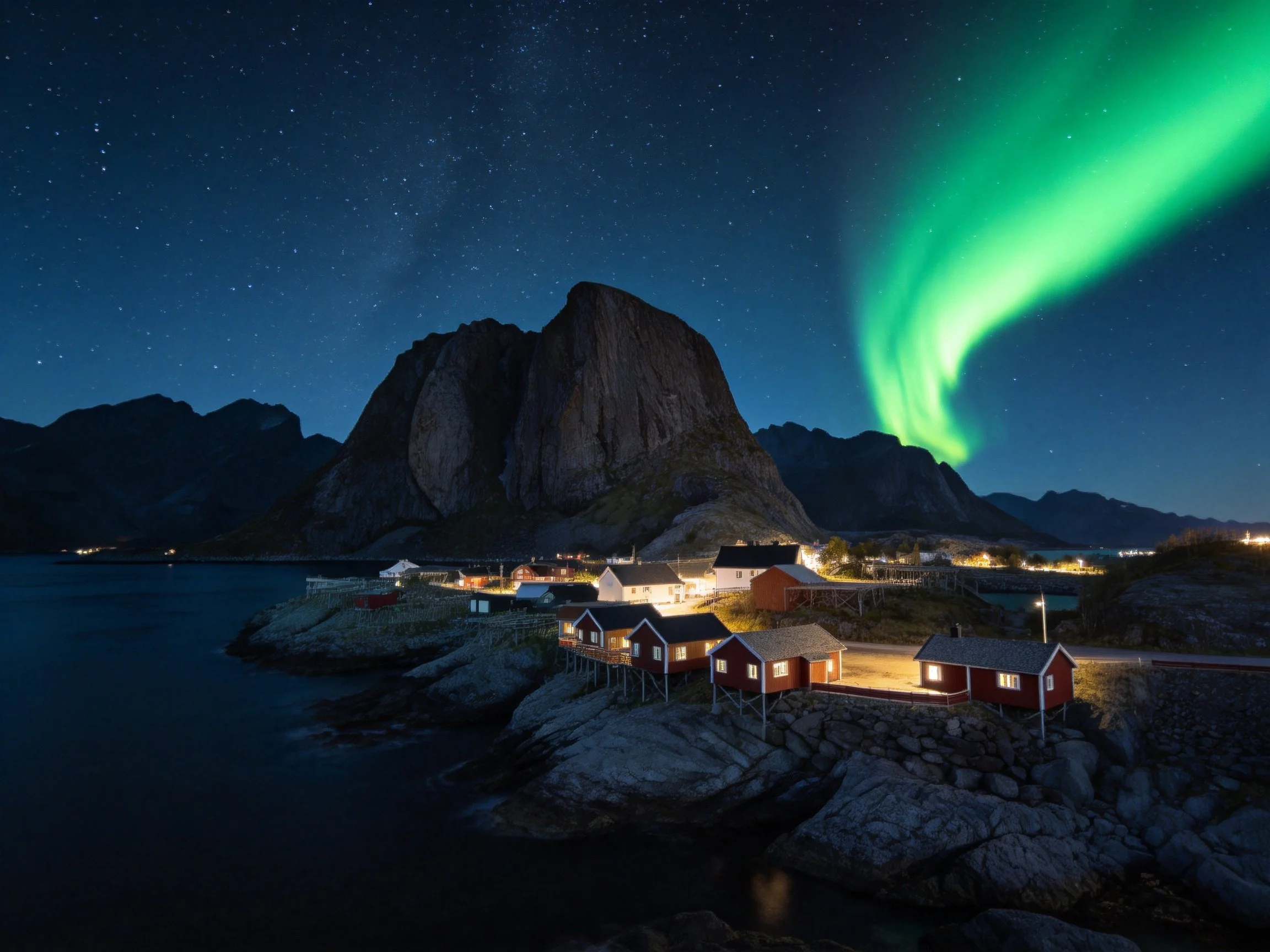 Northern Lights illuminate rocky coastal village with red cabins