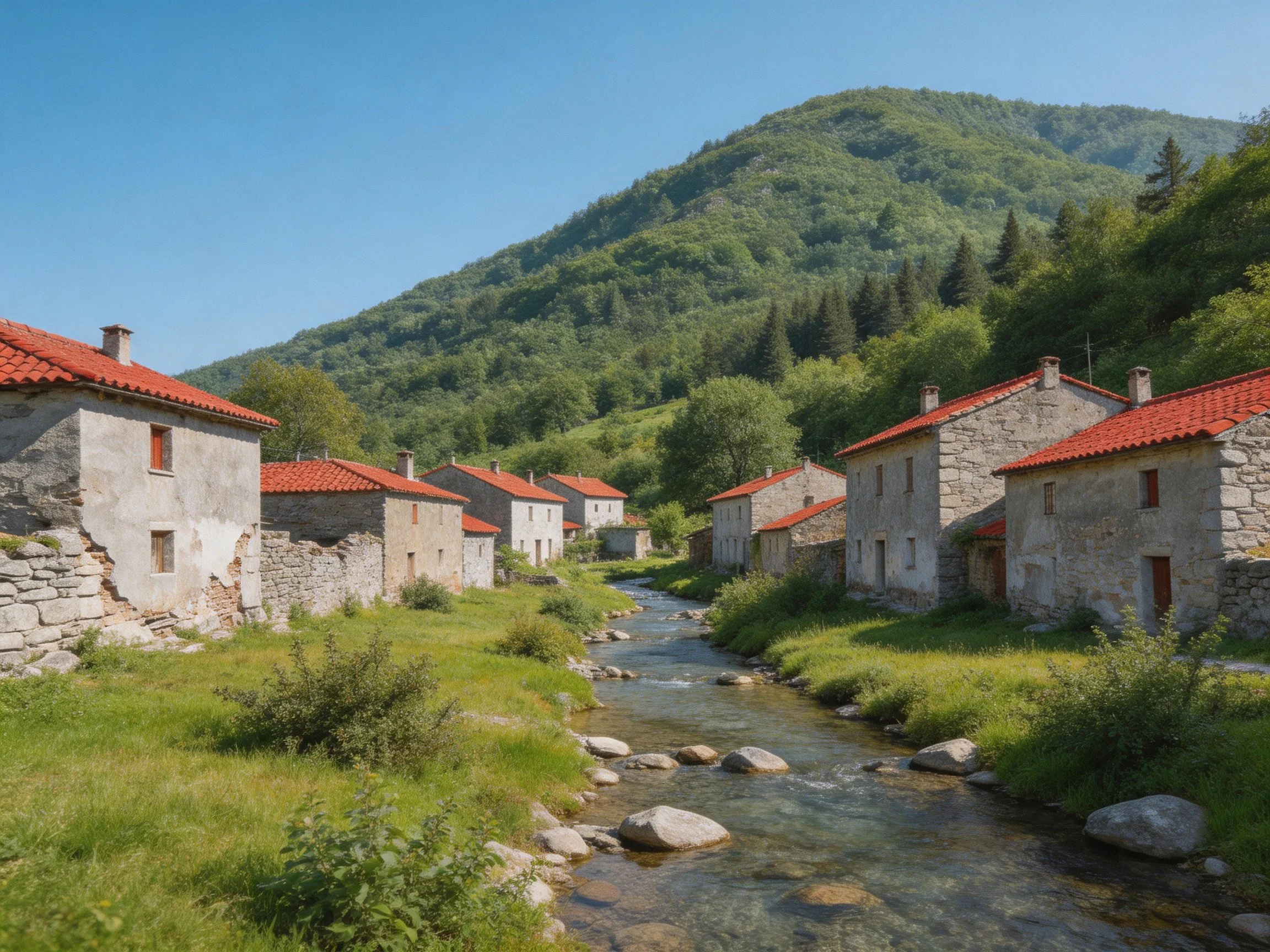 Old stone houses with red tile roofs beside a rocky stream amid lush green mountains
