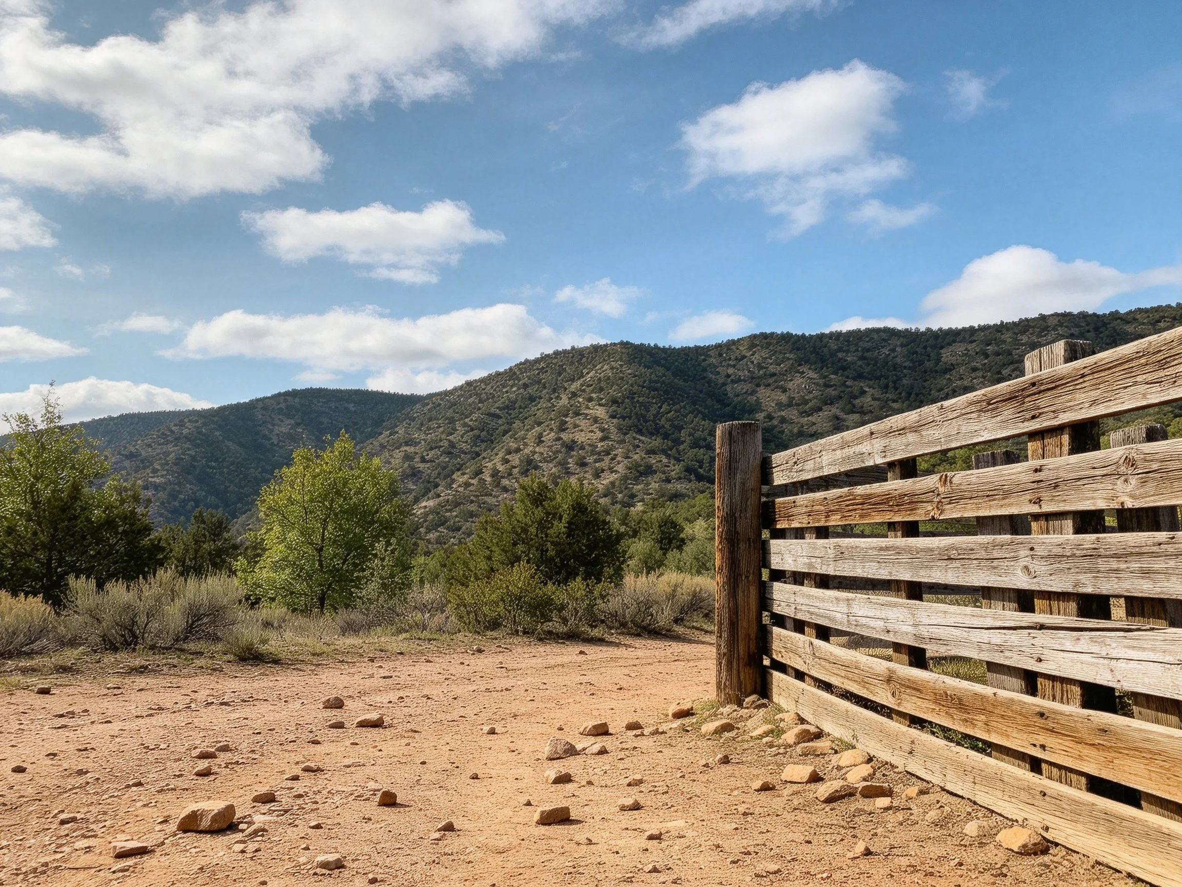 Old wooden fence beside rocky terrain with forested mountains