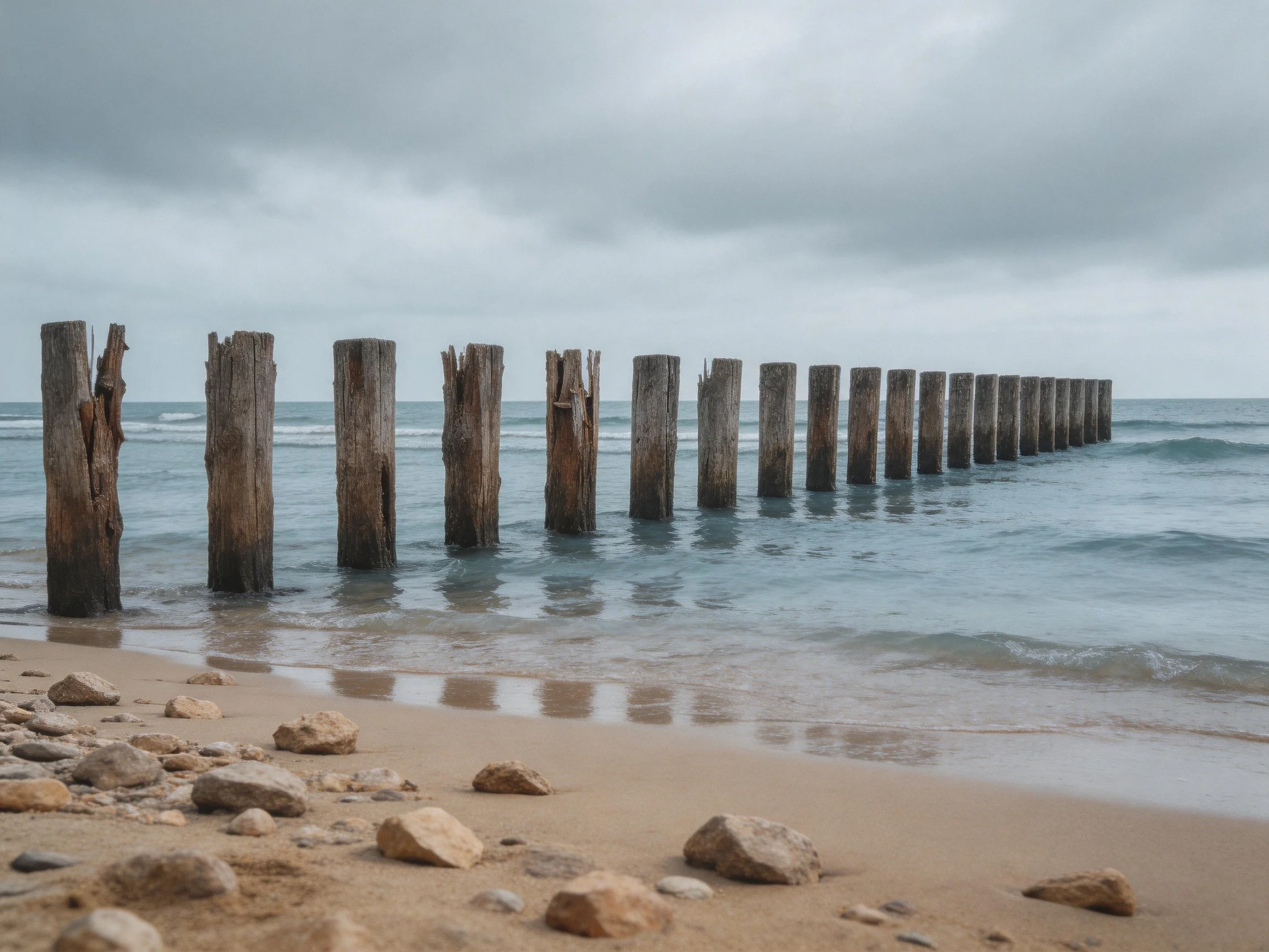 Old wooden pilings stretch along sandy shore toward calm sea