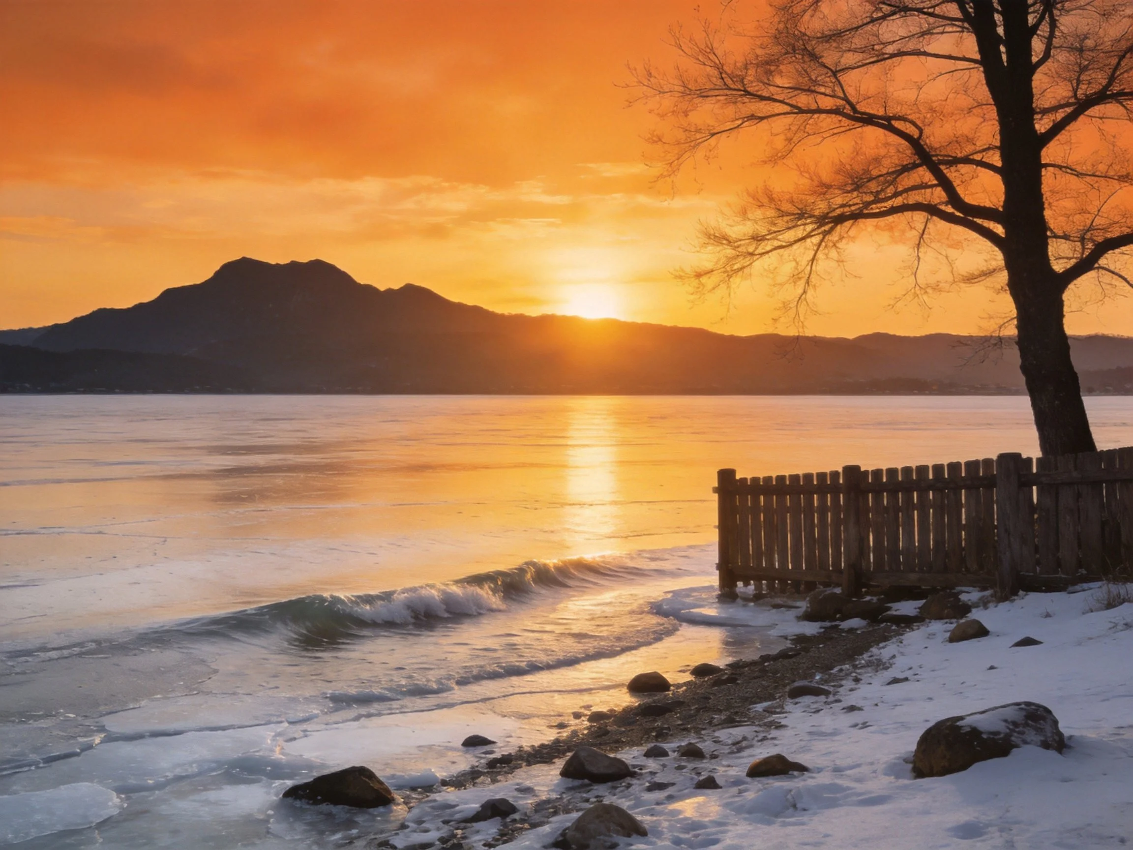 Orange Sunset Over Frozen Lake With Wooden Fence
