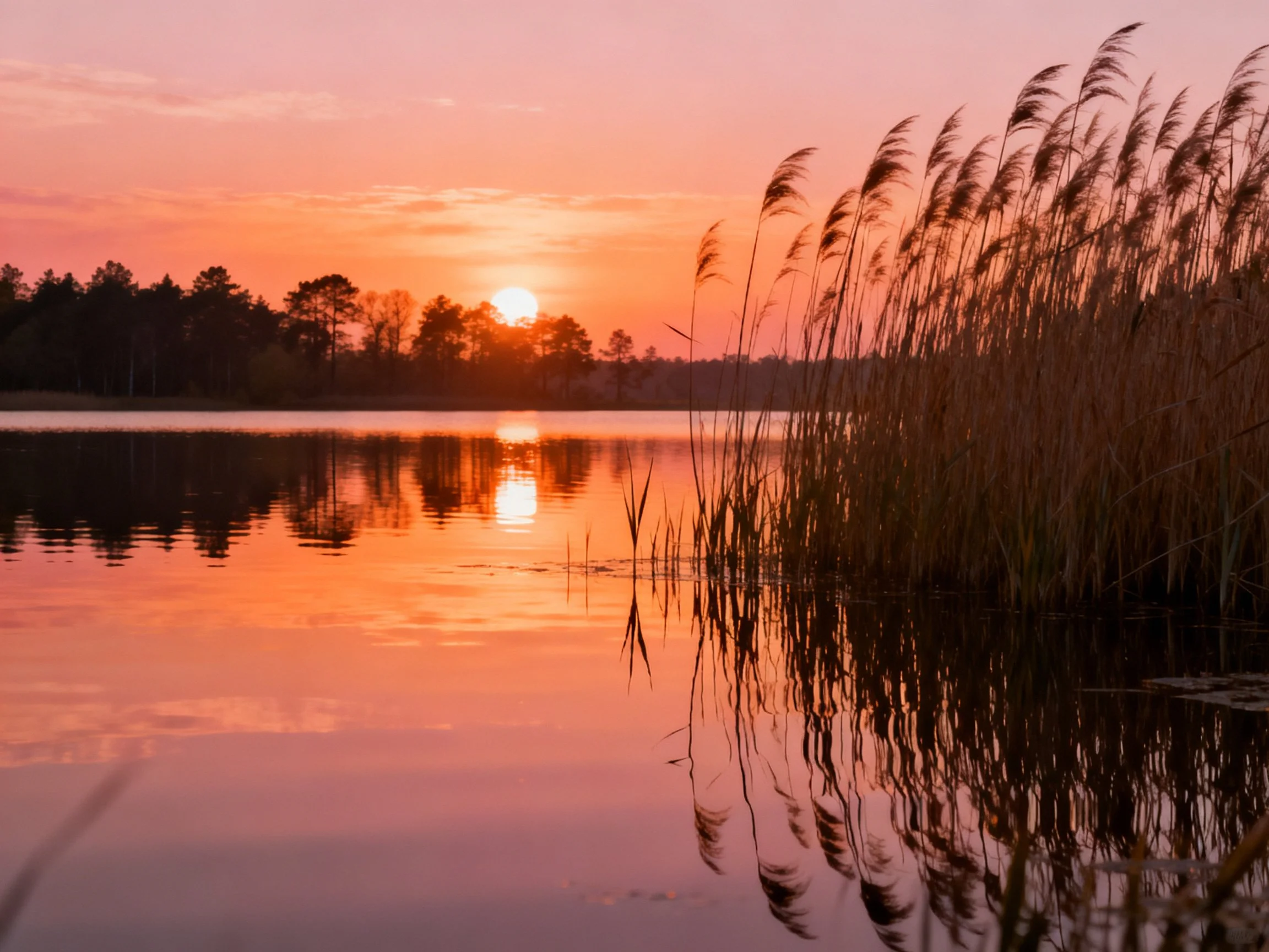 Orange Sunset Over Tranquil Lake With Reed Silhouettes