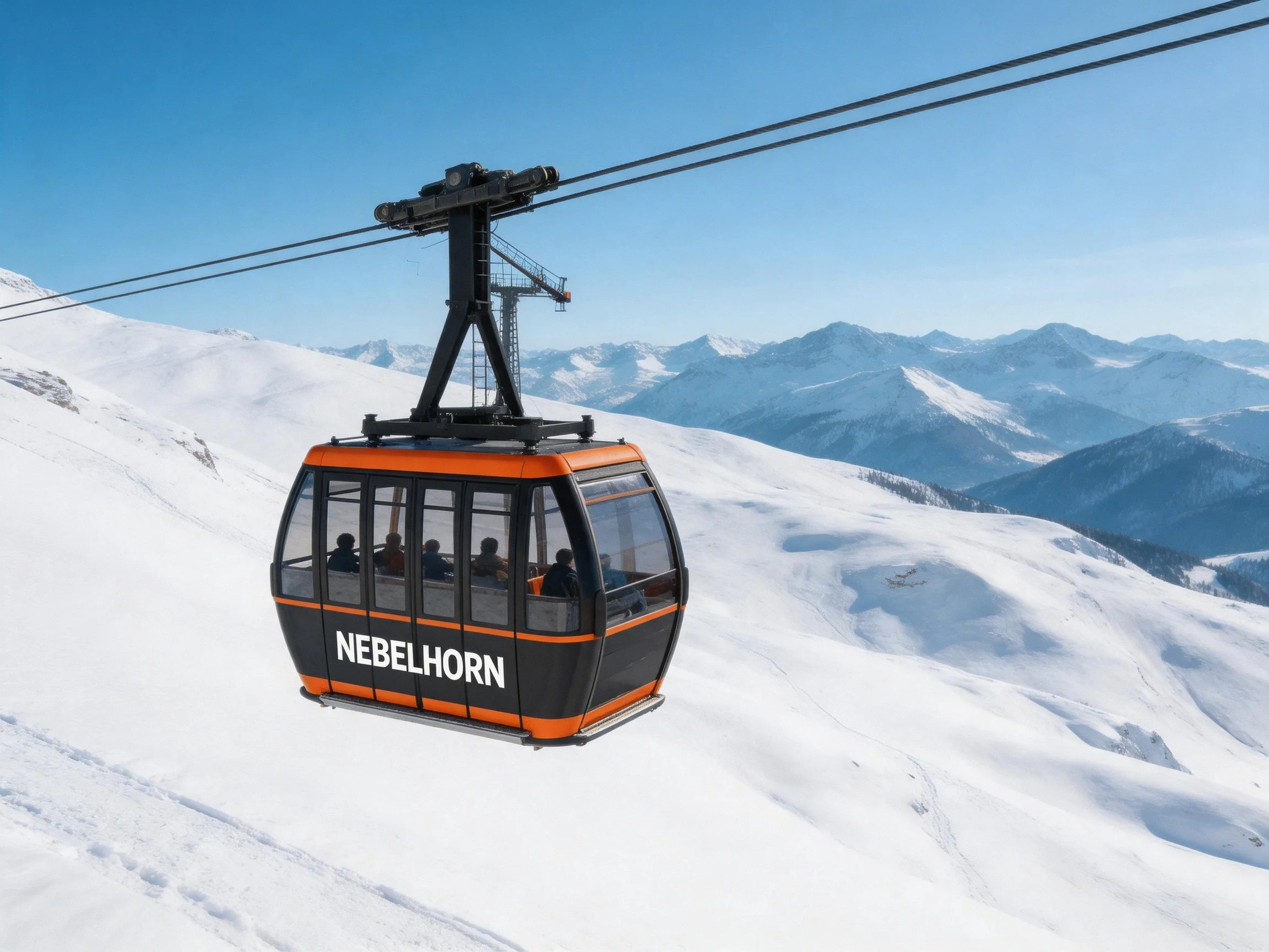 Orange and black Nebelhorn cable car over snow-capped mountain peaks