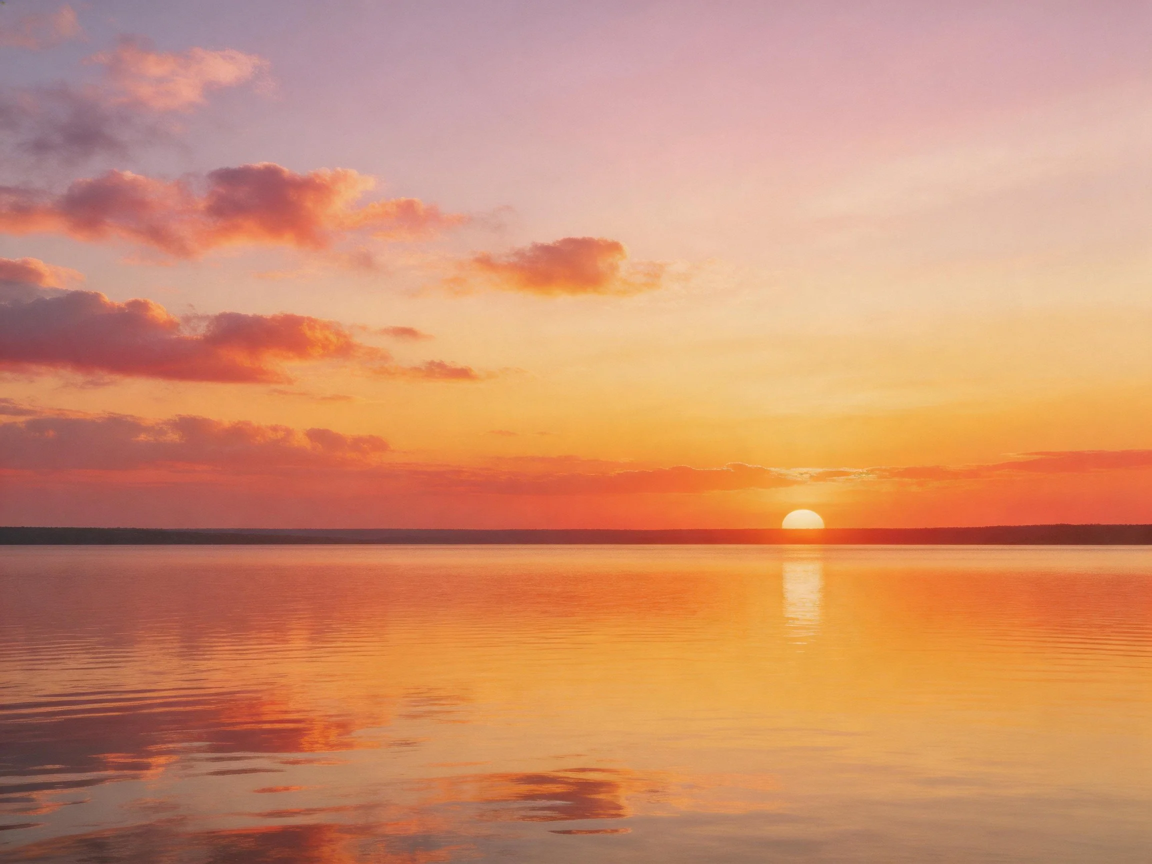 Orange and pink sunset over calm reflective water