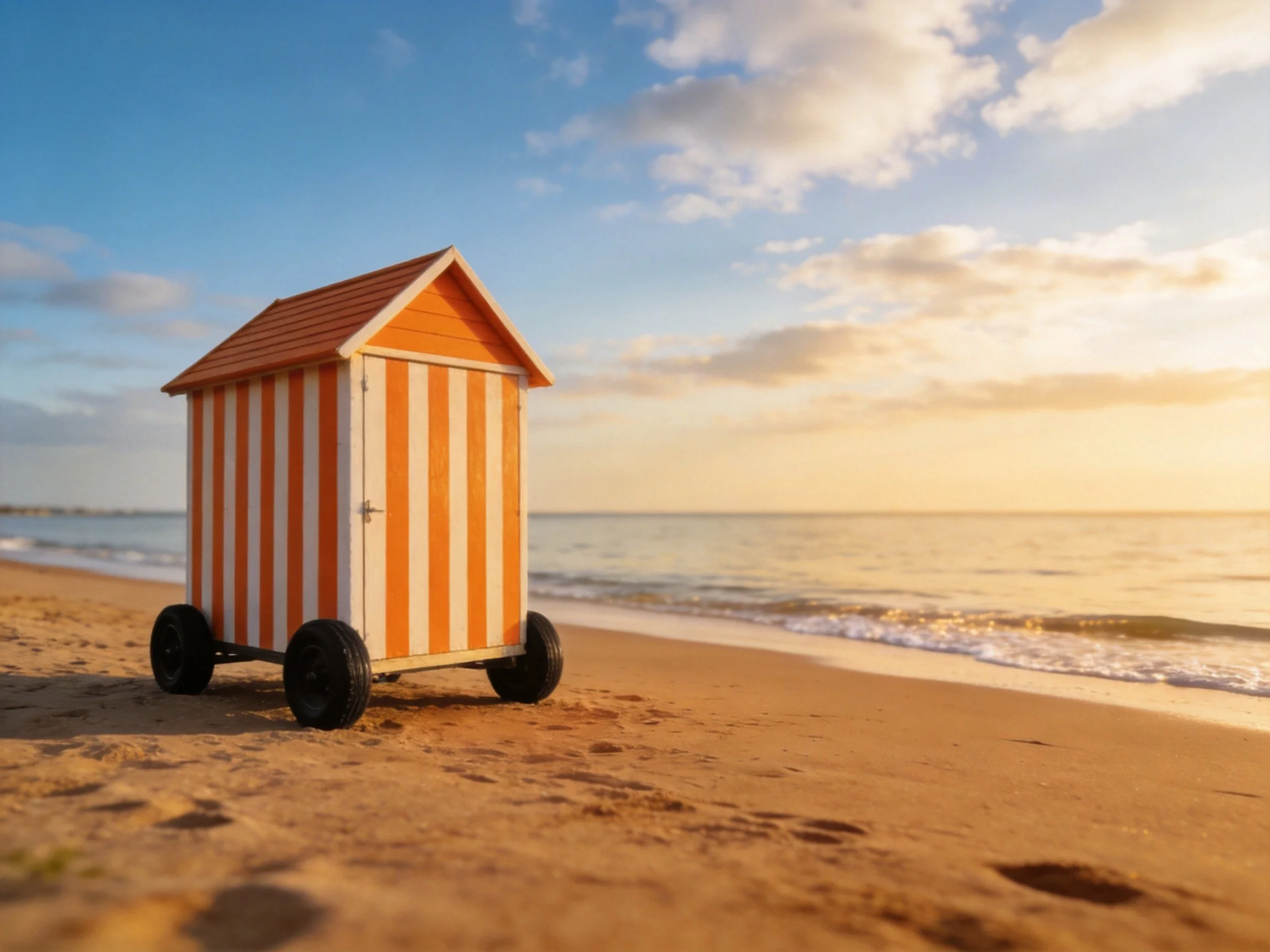 Orange and white striped beach hut on wheels on sandy beach