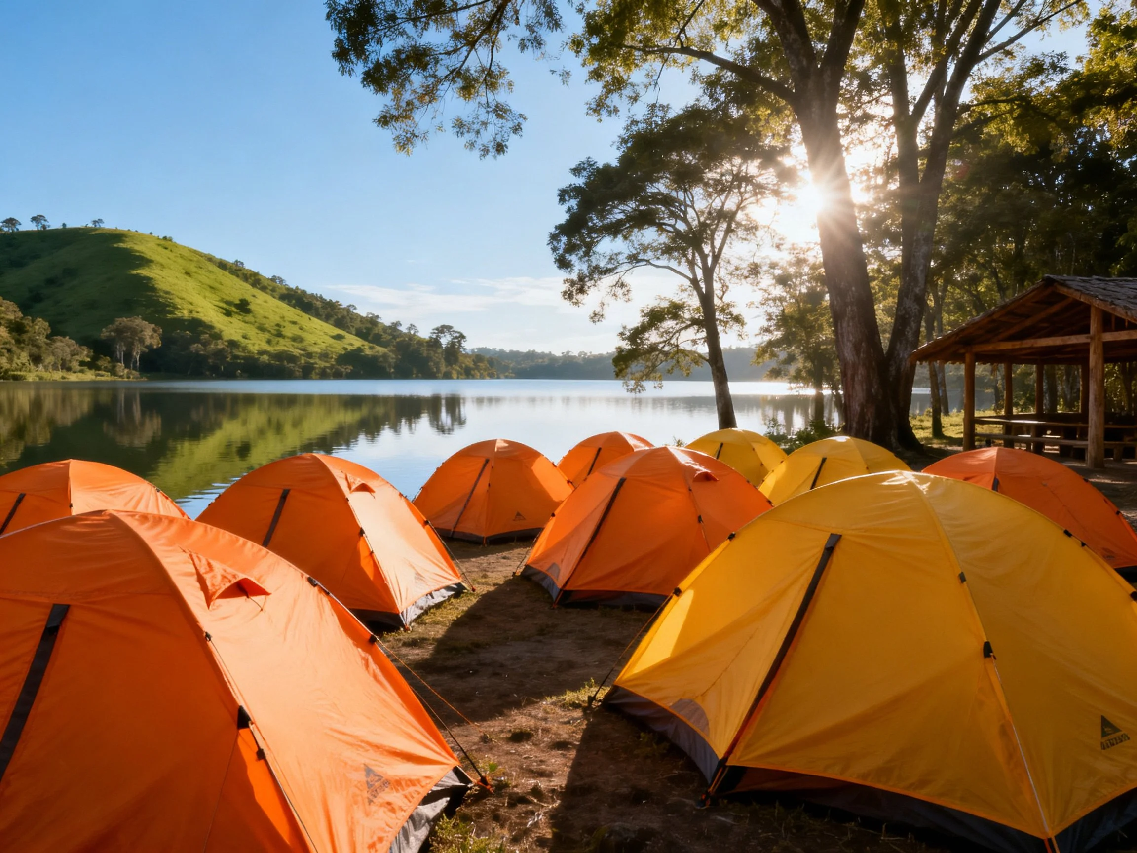 Orange and yellow tents at a lakeside campsite with trees and a shelter