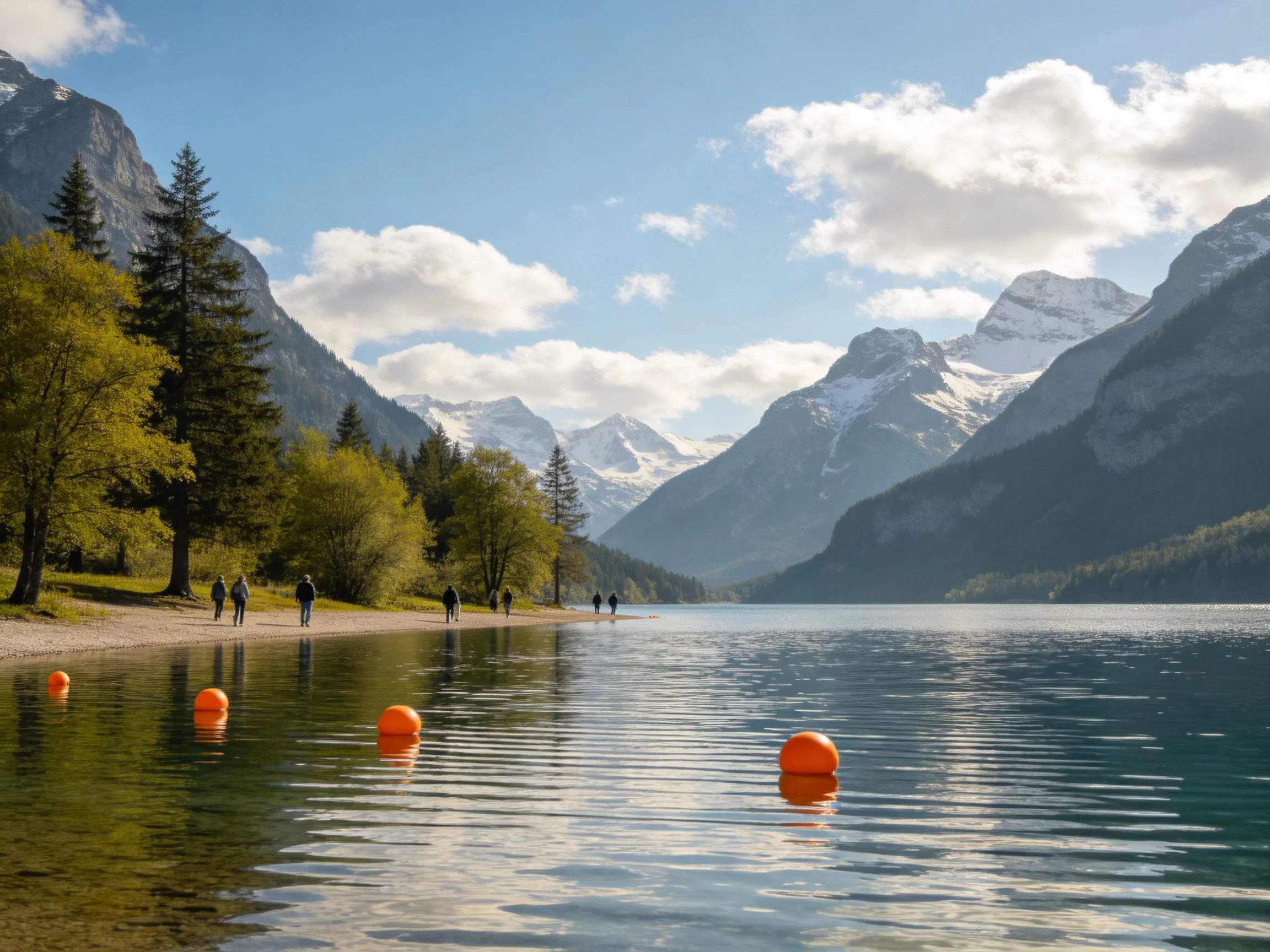Orange buoys float on calm lake beside forested mountain shore